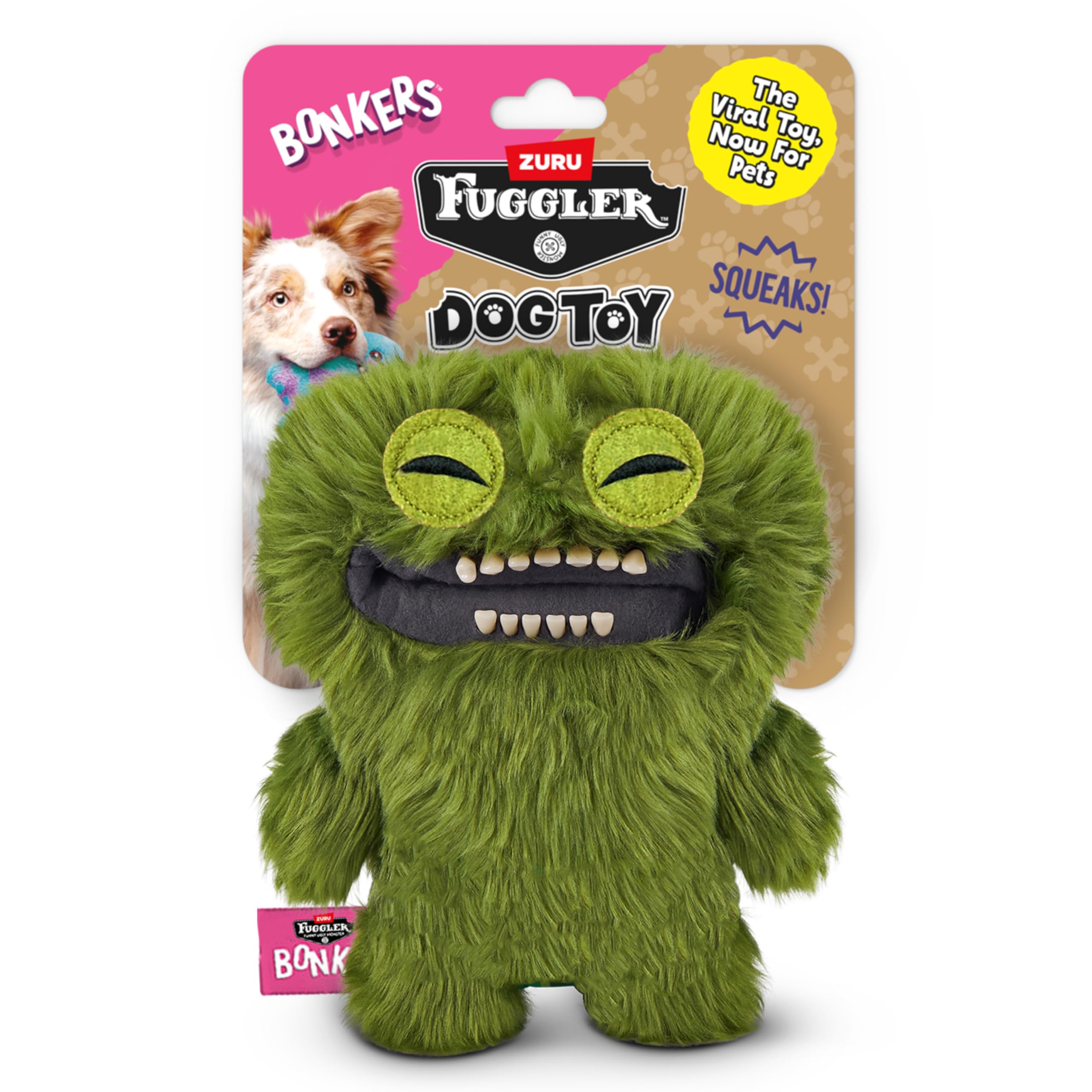 Peluche Bonkers Fugglers Count Underoo Mcgoo verte avec sifflet intégré pour des jeux dynamiques.