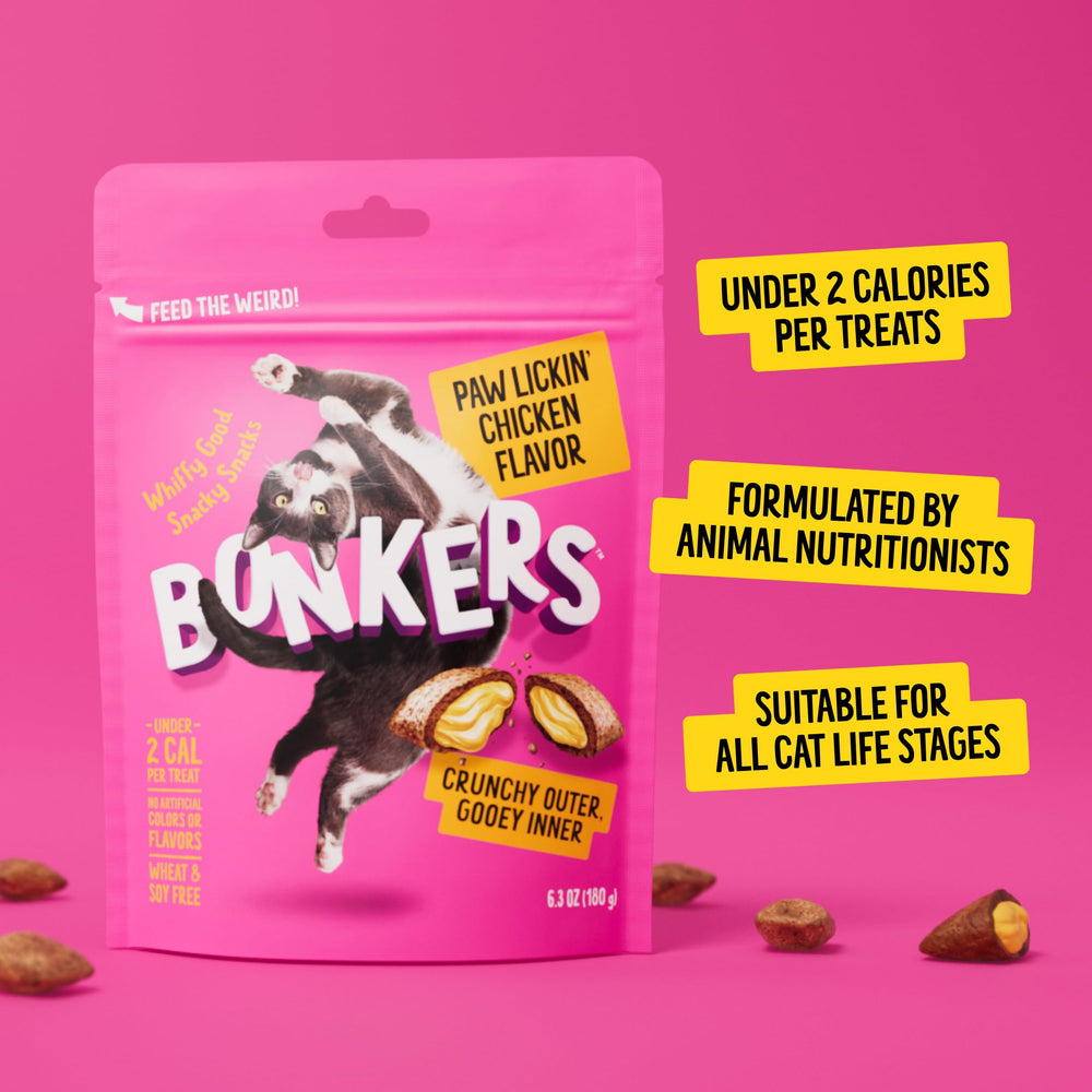 Bonkers friandises chat; emballage refermable pour préserver la fraîcheur.