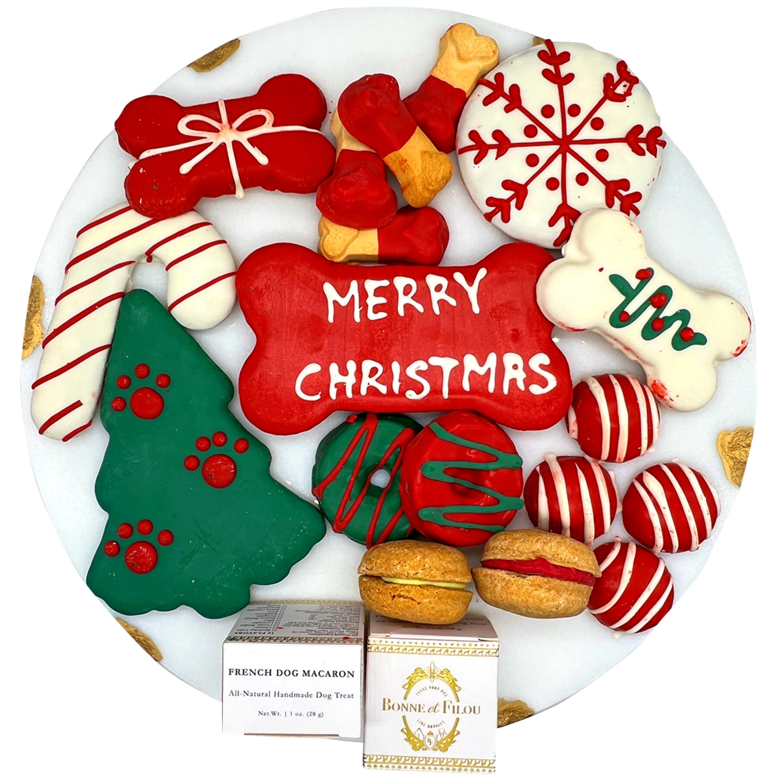 Friandises festives Bonne et Filou: macarons pour chien, parfaites à partager durant les fêtes.