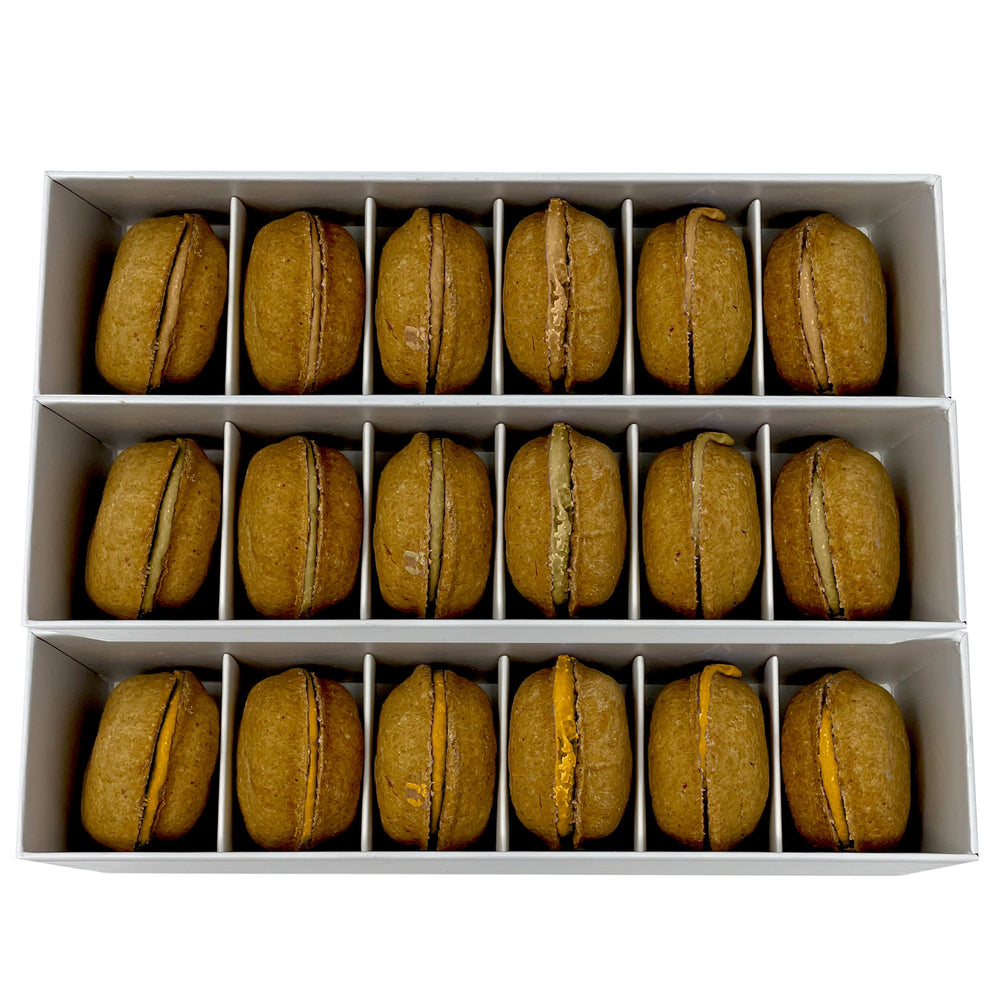 Bonne et Filou macarons chien fromage, idée cadeau pour fête.