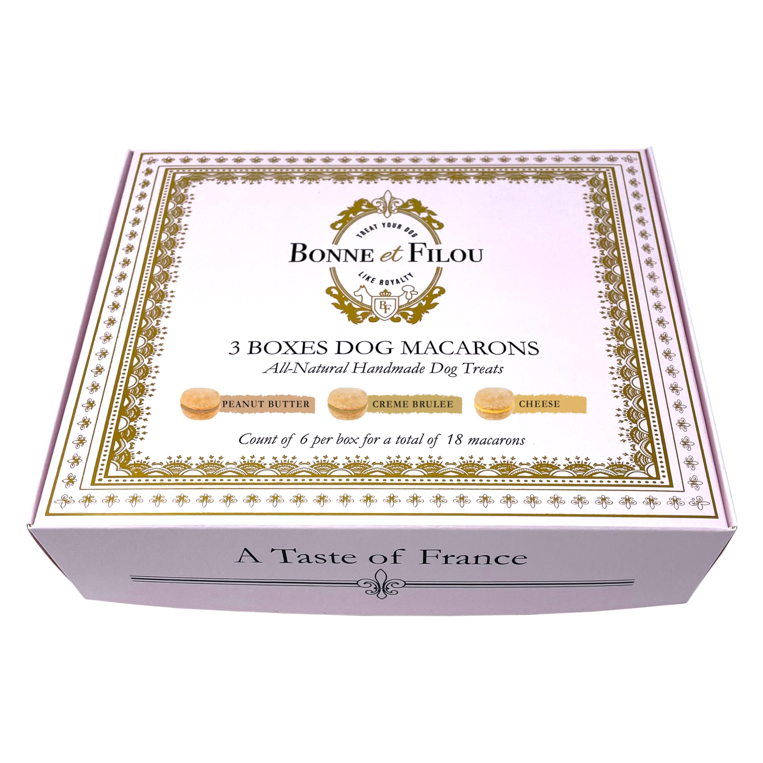 Bonne et Filou macarons chien saveurs beurre de cacahuète et crème brûlée.