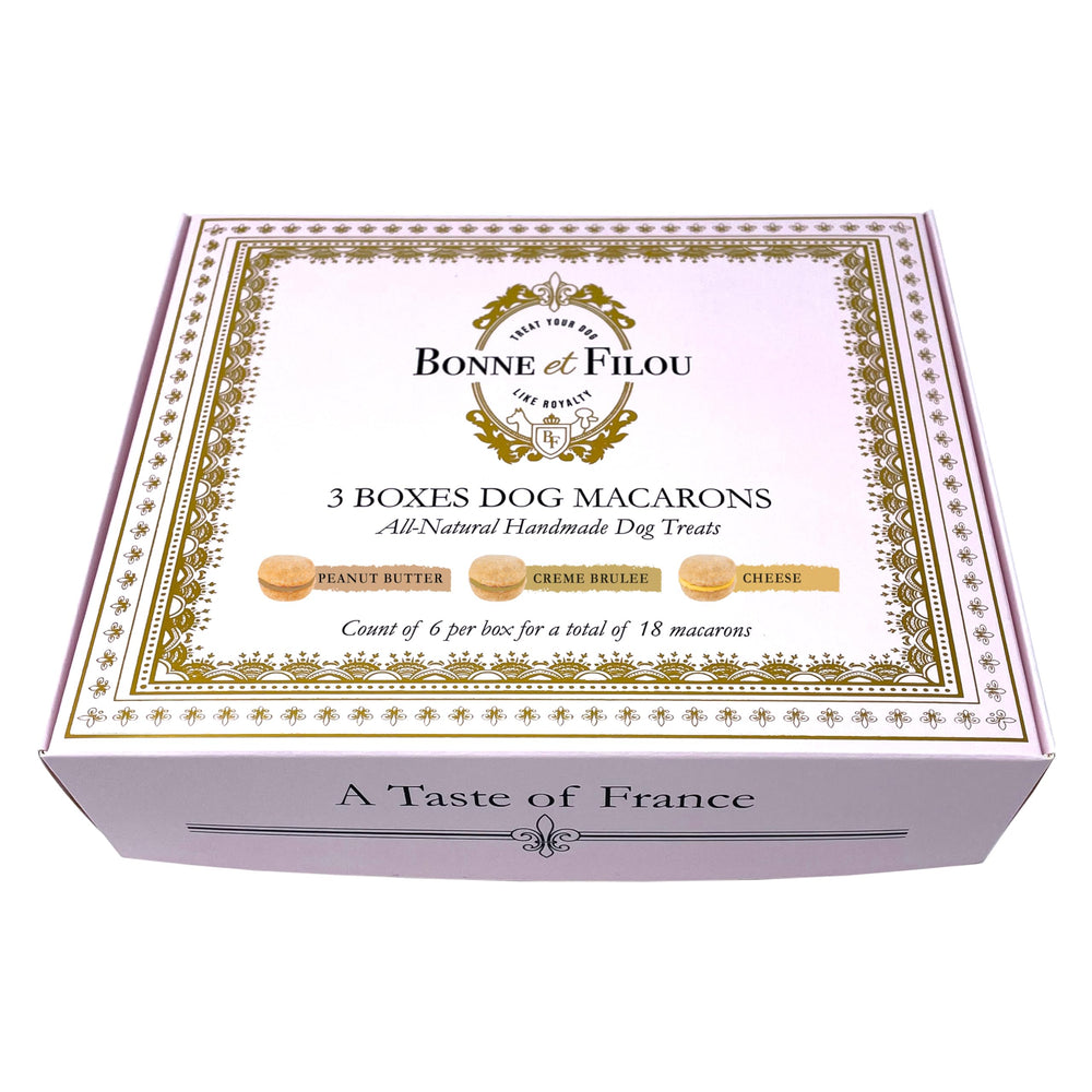 Bonne et Filou macarons chien saveurs beurre de cacahuète et crème brûlée.