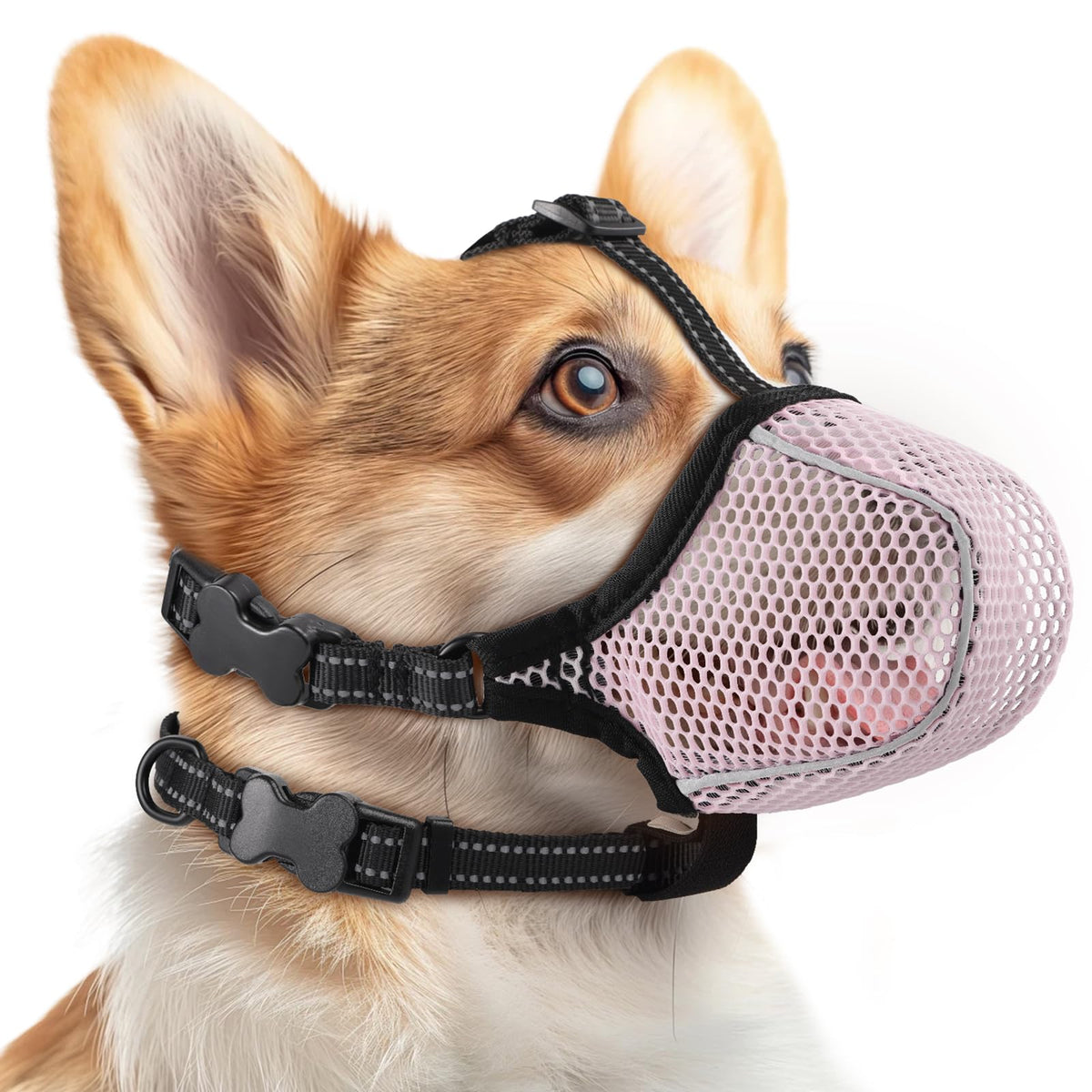 Muselière BONTHEE en maille respirante rose pour chien, confort et respiration libre.
