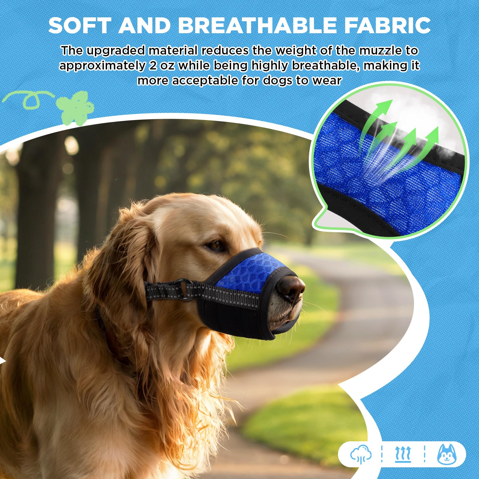 Muselière BONTHEE pour chien, réglable double sangle pour ajustement sécurisé en promenade.