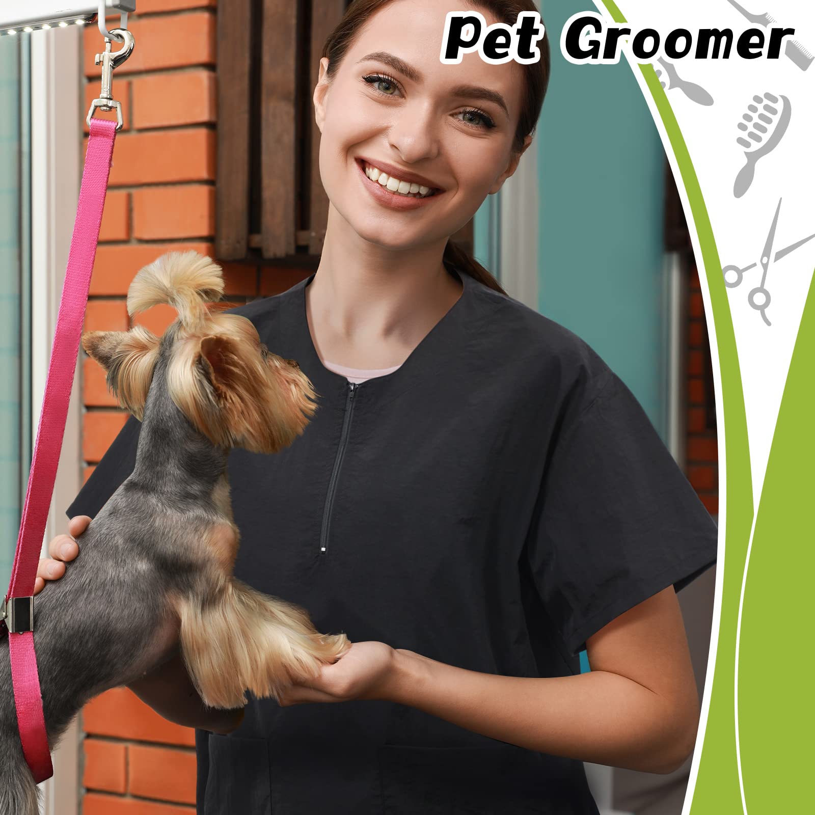 Poches doubles et fermeture éclair sur la blouse Bonuci pour outils de toilettage.