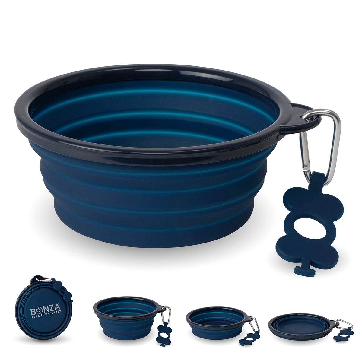 Bonza gamelle eau chien pliable bleu marine, pratique pour voyages et randonnées.