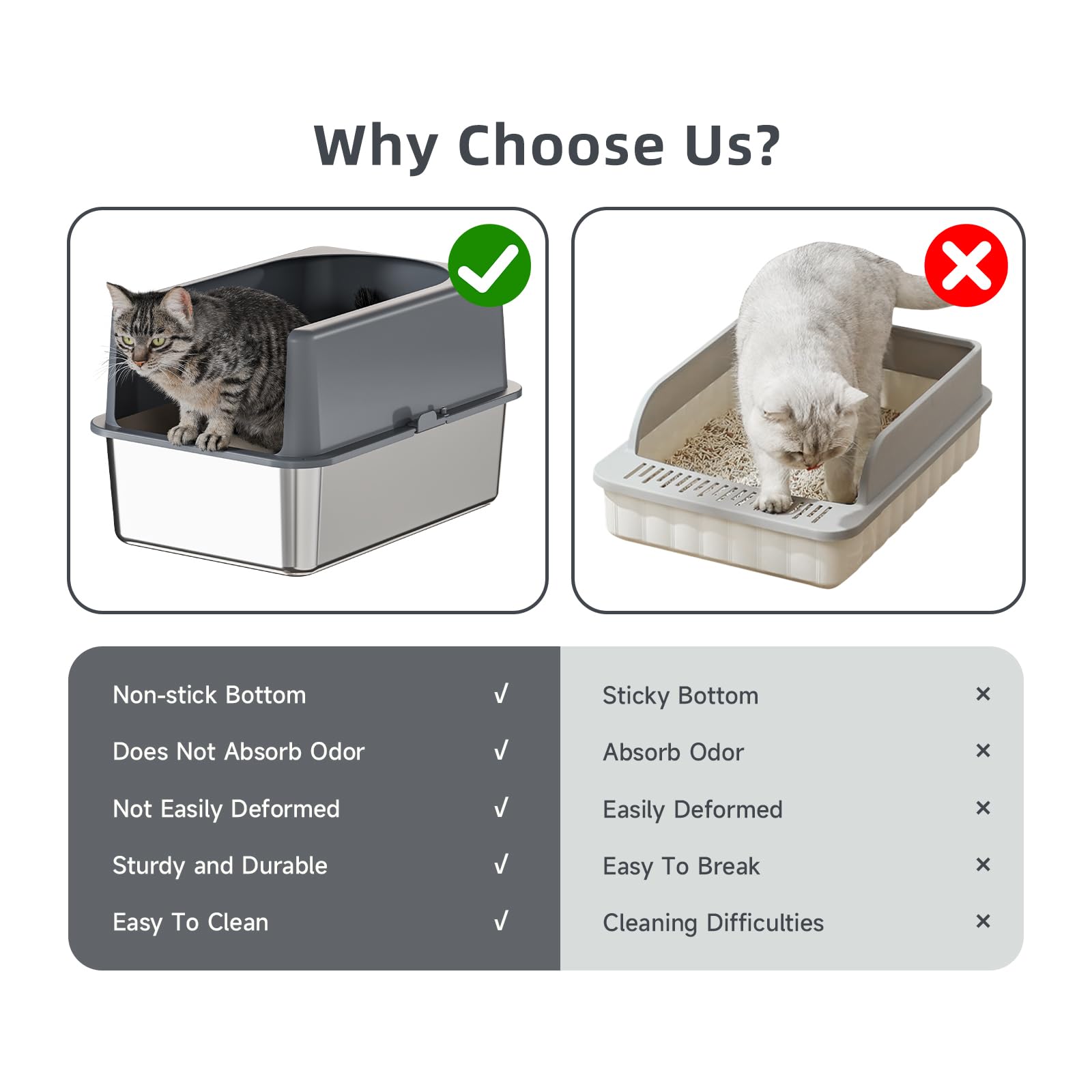 Booche litière inox grande ouverture, accès facile pour les chats.