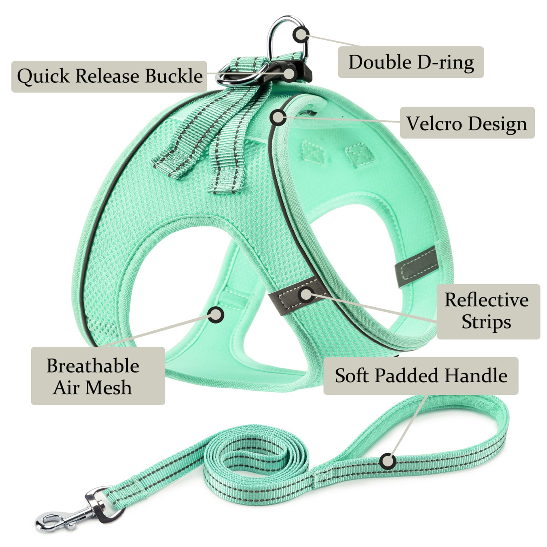 BOOMIBOO harnais avec laisse vert XS, pratique et rapide à accrocher.