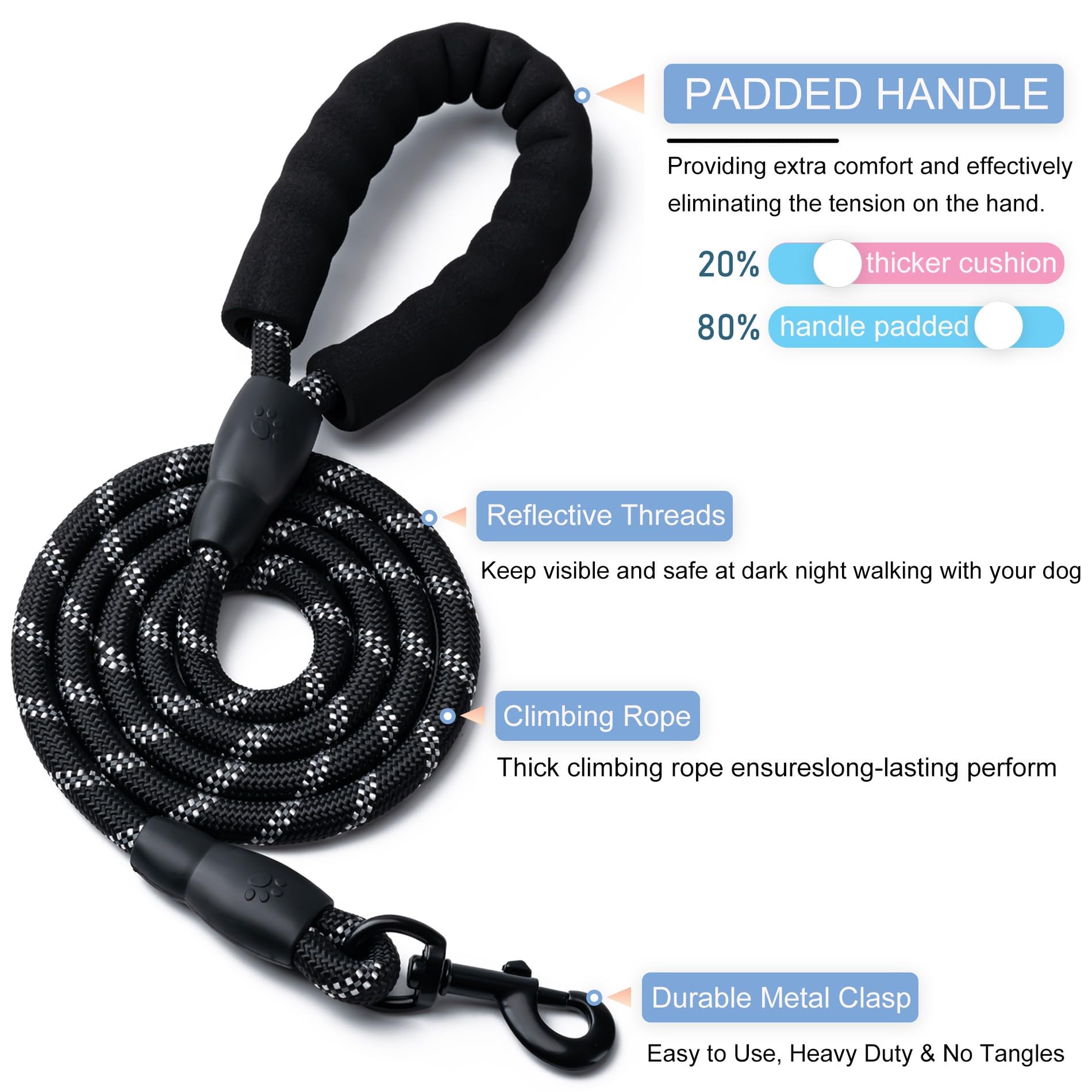 Laisse BOOMIBOO nylon durable 5ft, légère et résistante pour le dressage en parc.