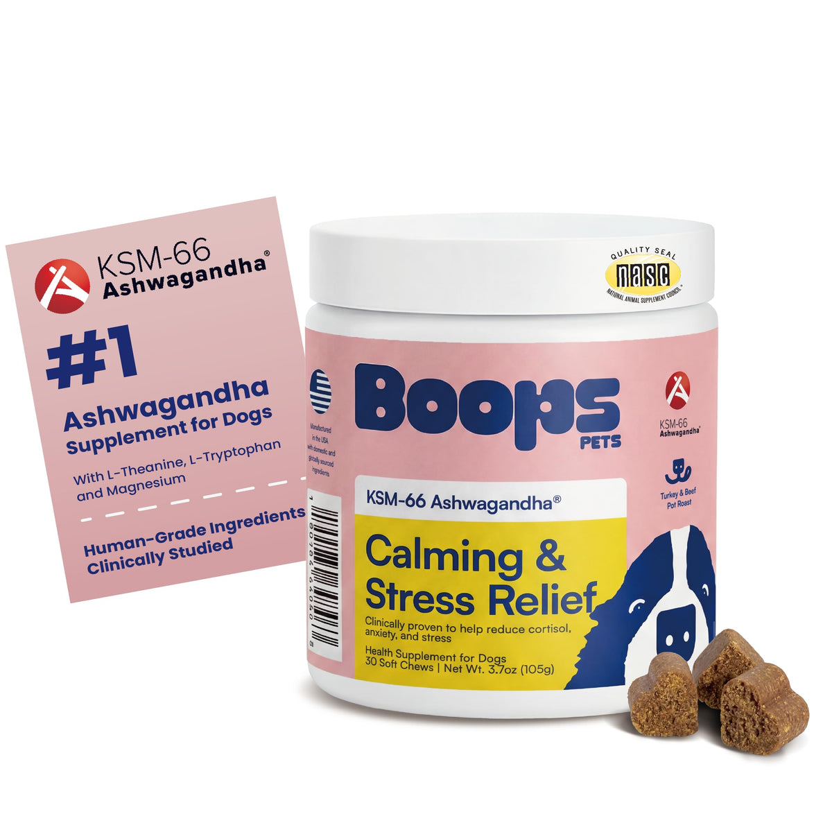 Boops Pets bouchées apaisantes pour chien, saveur dinde et boeuf, soutien calme.