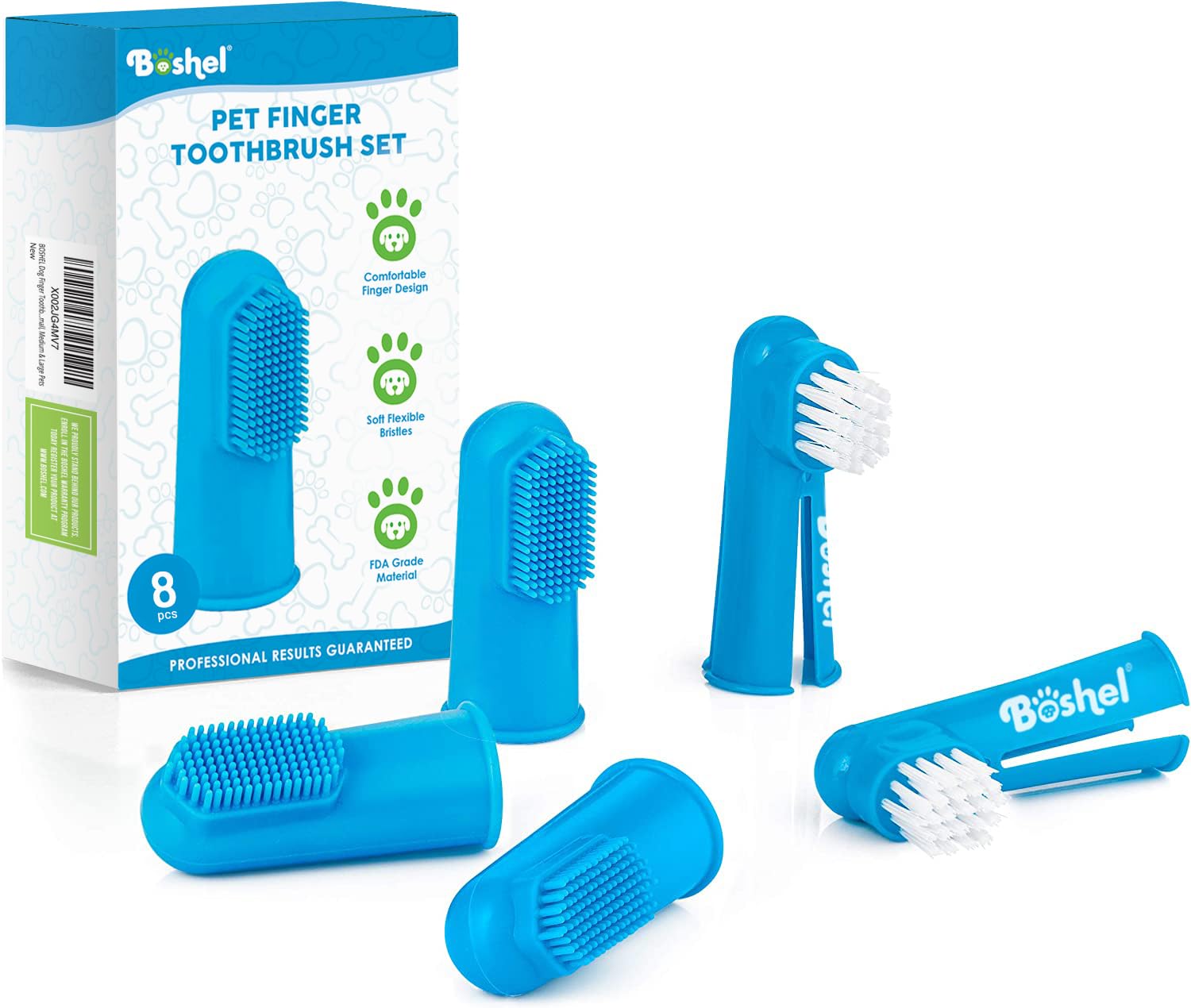 Boshel brosse-doigts-dents chien, ensemble 8 pièces bleu pour chiens de toutes tailles.