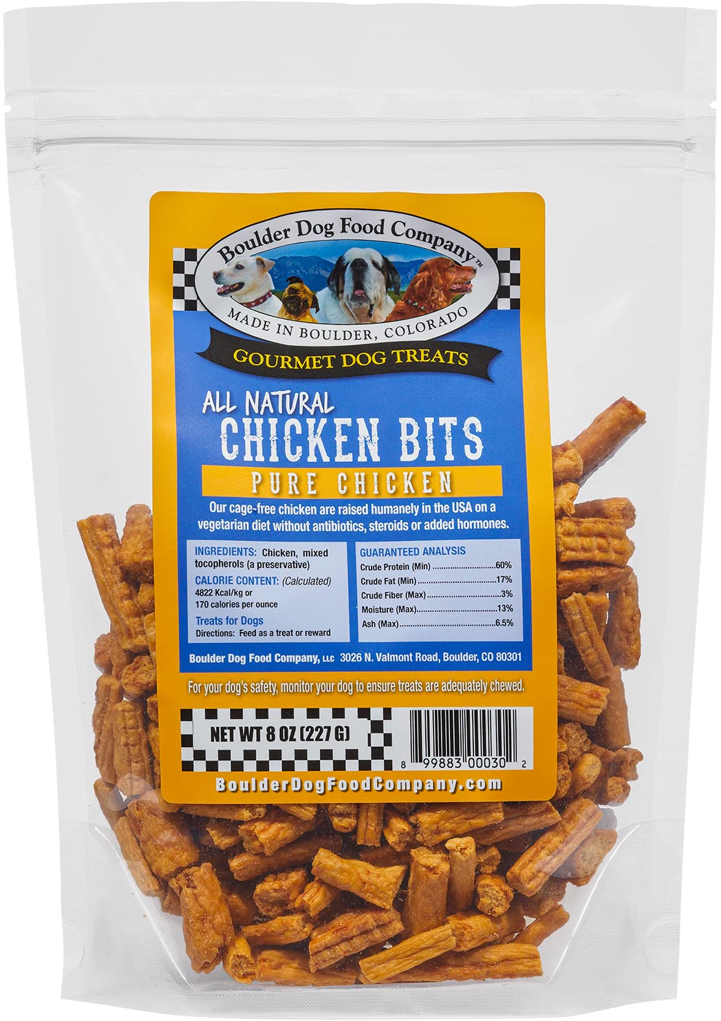 Friandises Boulder Dog Chicken Bits – emballage 8oz, récompense pratique pour l'entraînement.