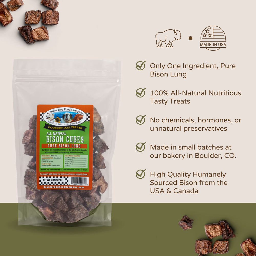 Boulder Dog Food Company – Bison Cubes, texture croquante, récompense idéale en séance de dressage.