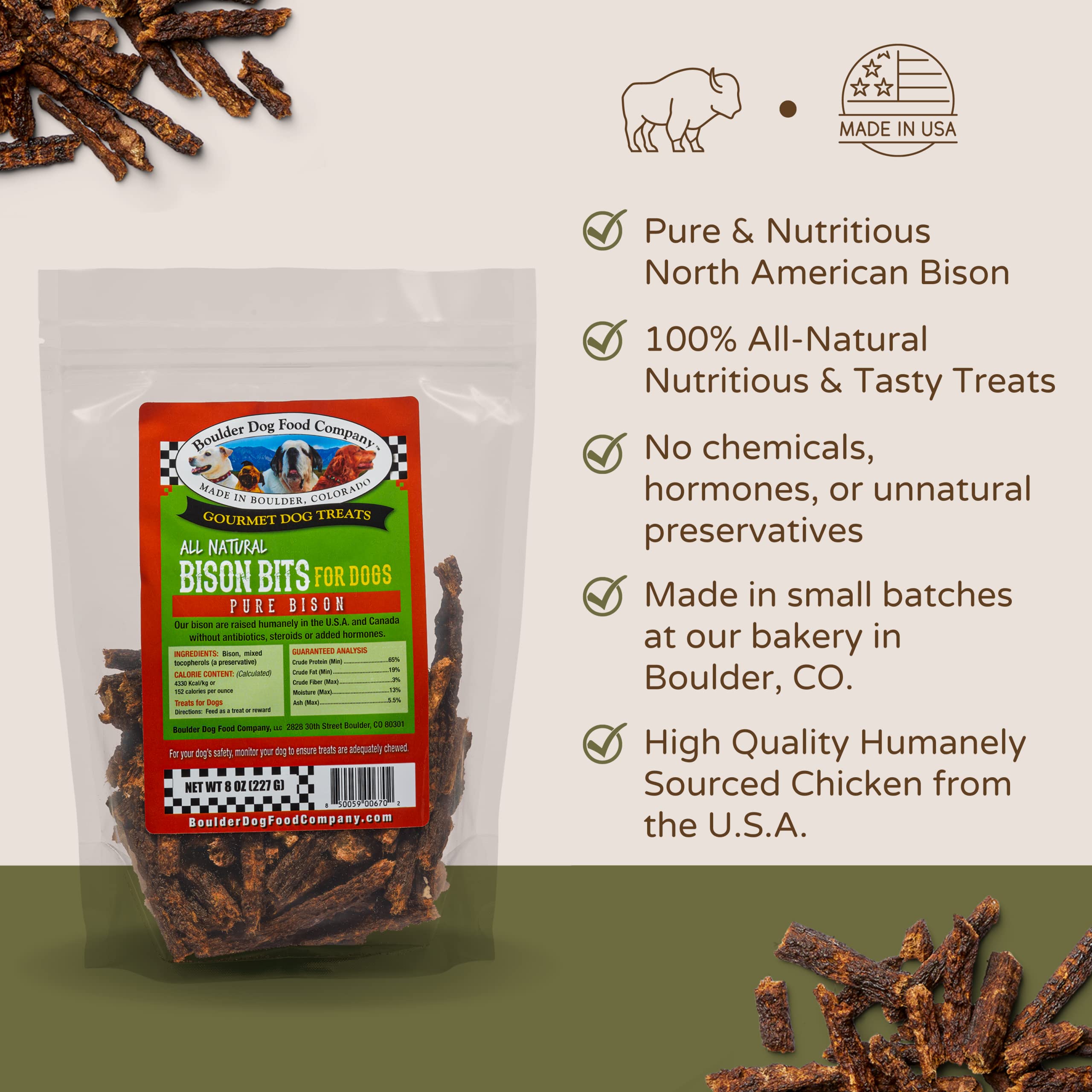 Gros plan sur Bison Bits — texture naturelle idéale pour récompenser pendant l'entraînement.
