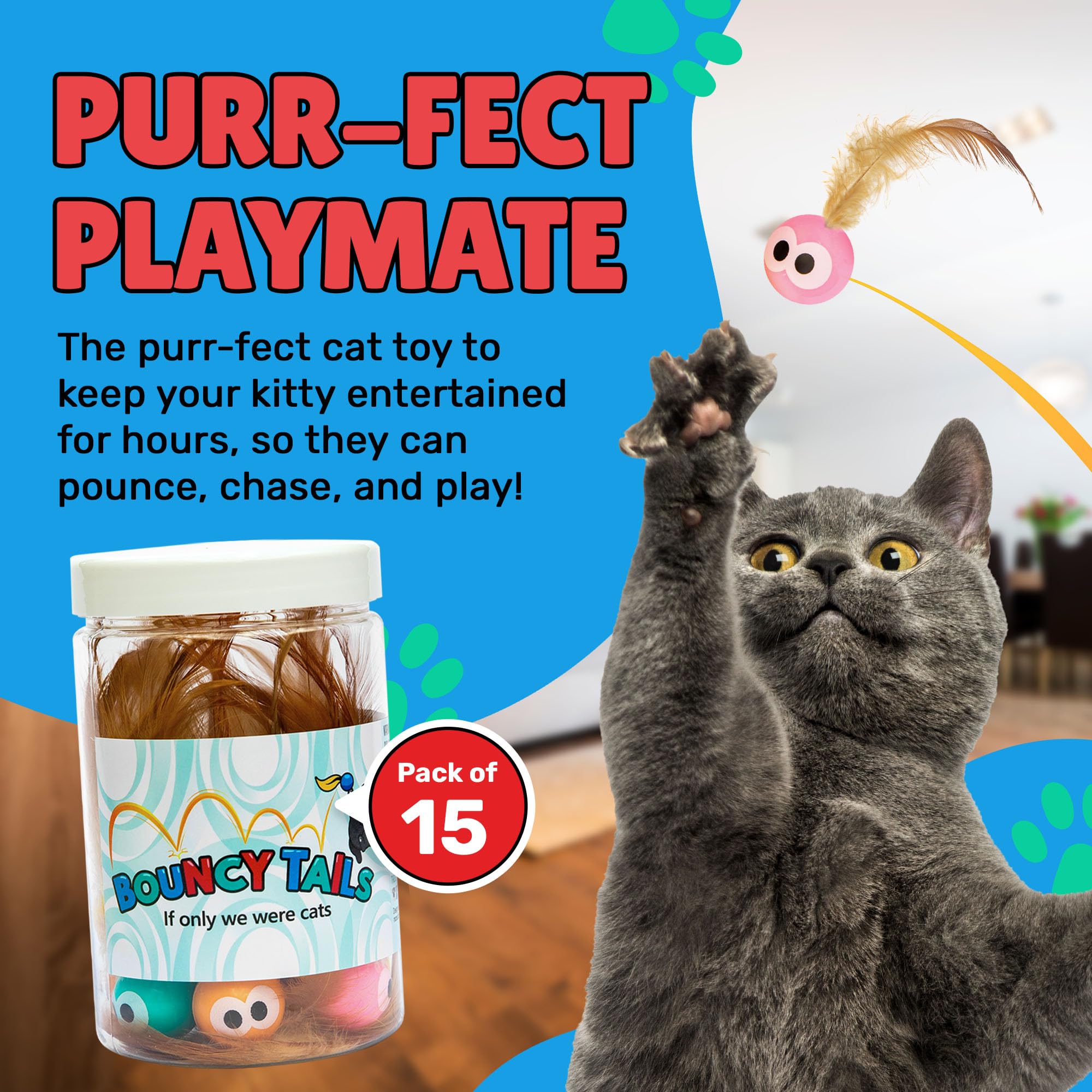 Bouncy Tails regard expressif et plumes attirent les chats curieux.