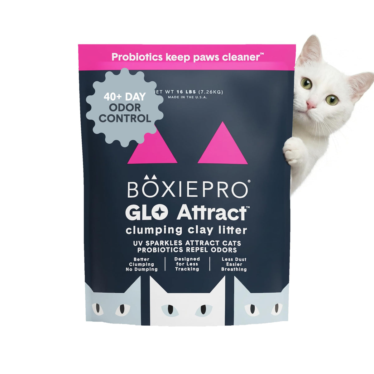 BoxiePro Glo, litiere agglomerante 30 jours, controle durable des odeurs.