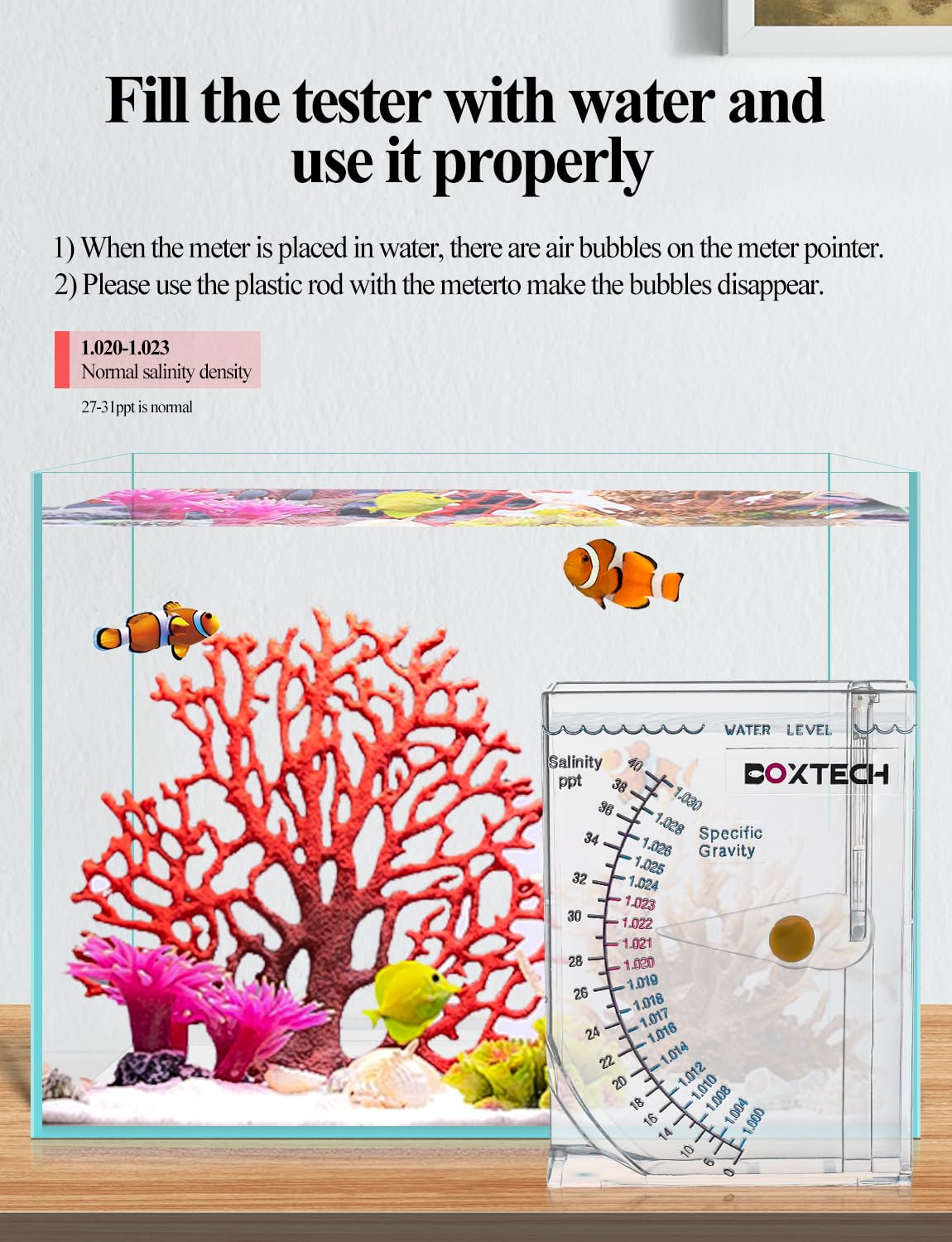 Boxtech Hydromètre en utilisation dans un aquarium marin pour salinité.