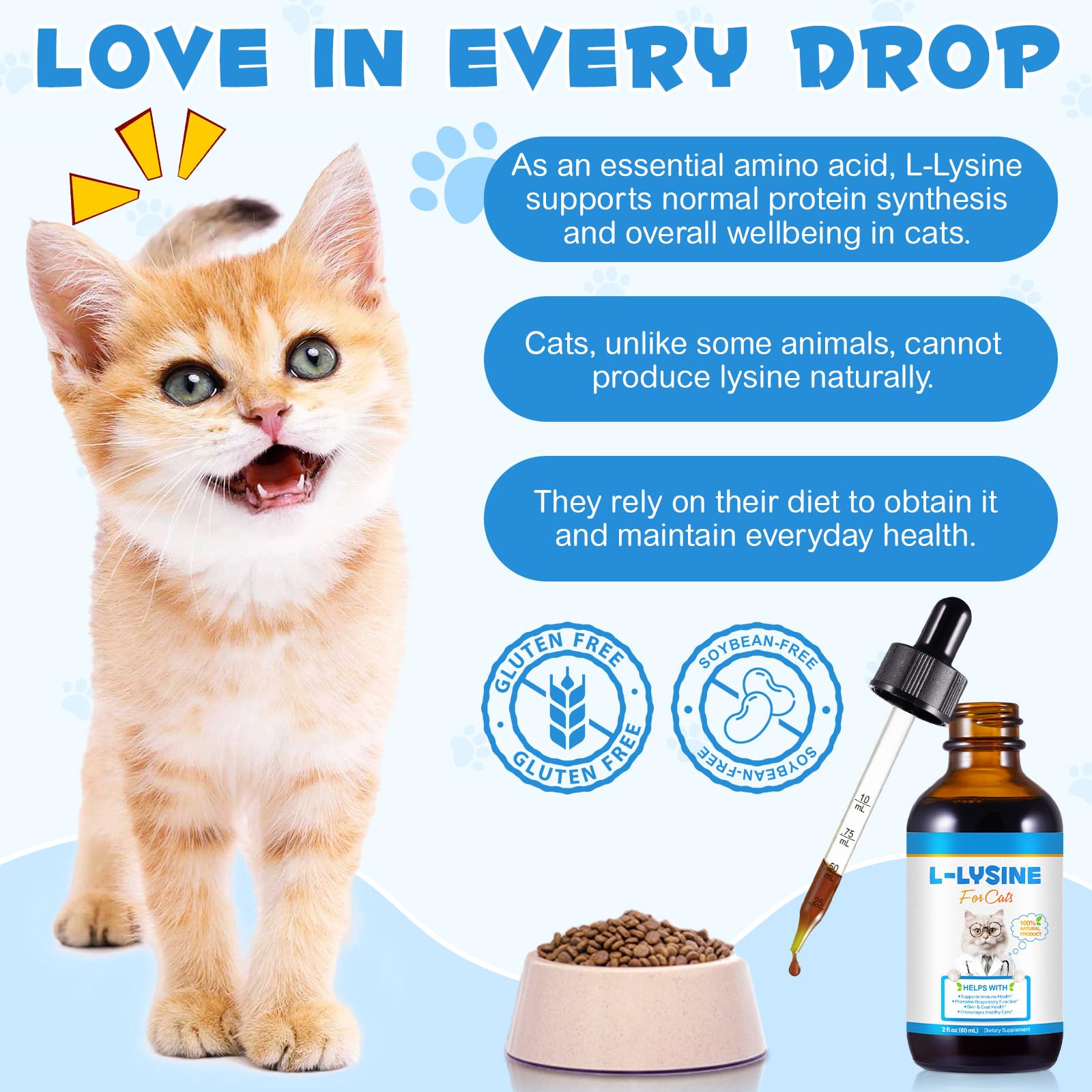 BQWSWWN L-Lysine pour chat, gouttes faciles à administrer avec le compte-gouttes.
