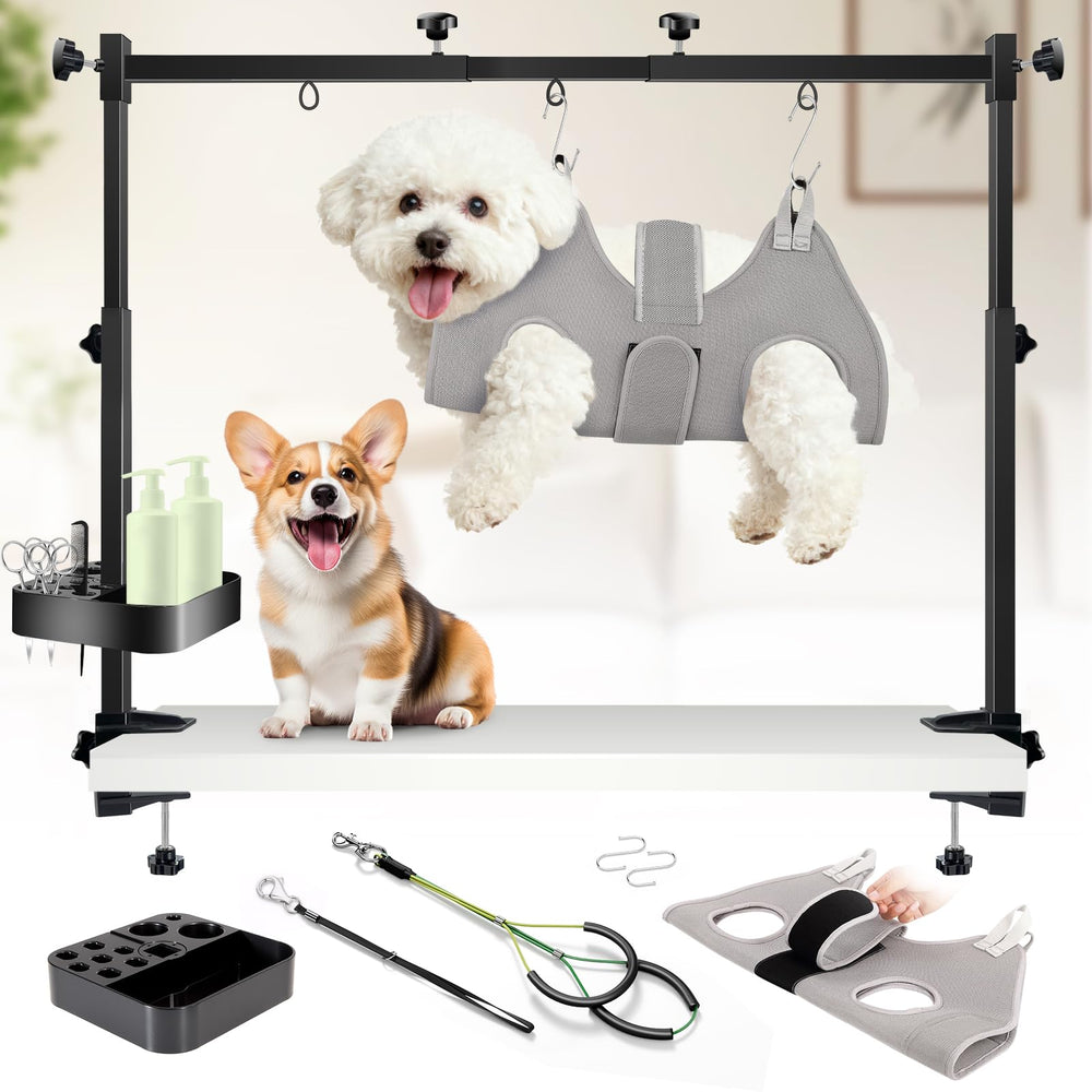 Bras de toilettage pour chien sur table ajustable facilitant les séances.