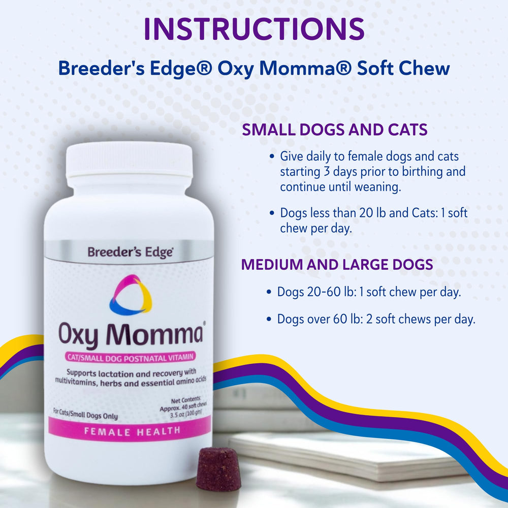 Bouteille Breeder's Edge Oxy Momma Soft Chews sur étagère, rangement pratique.