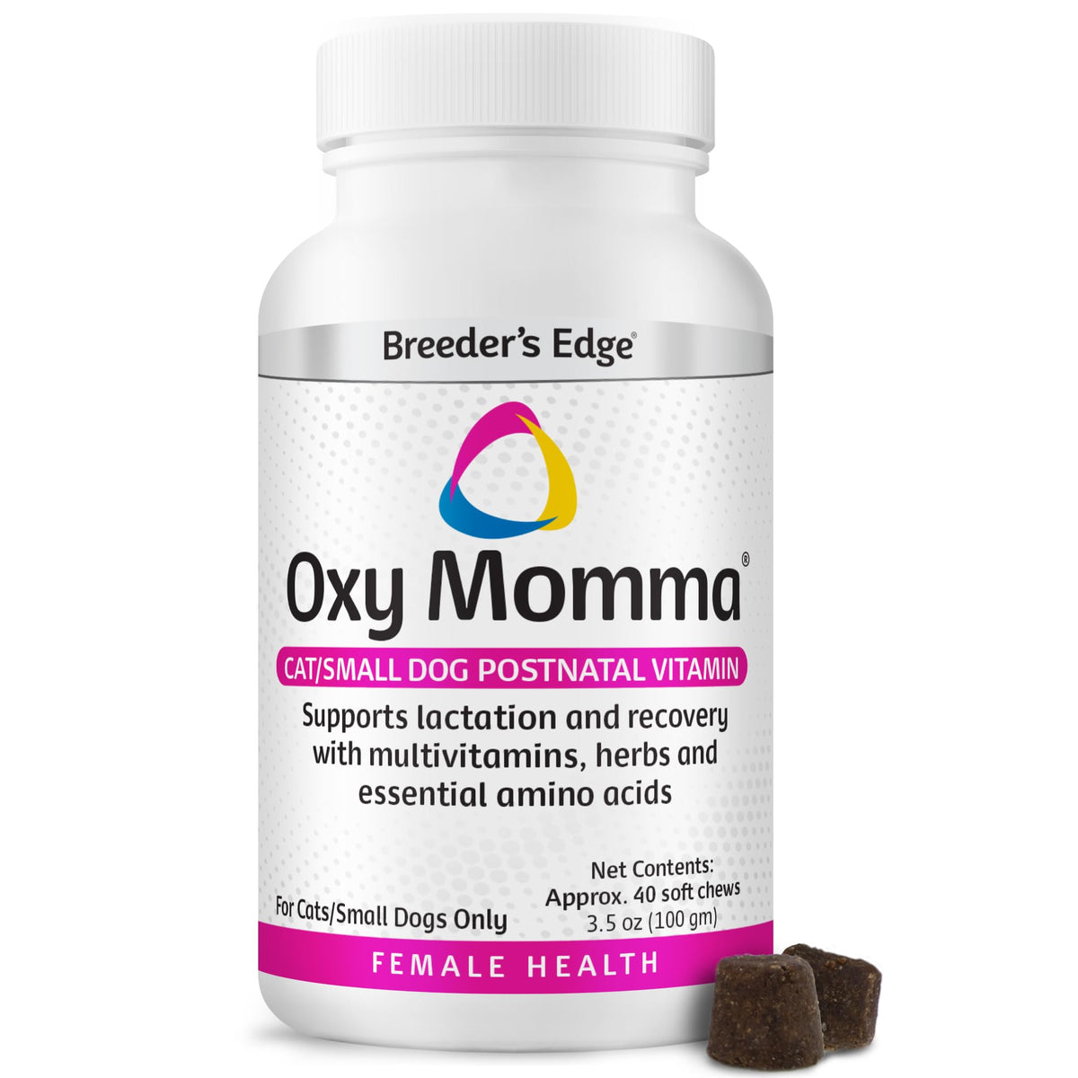 Breeder's Edge Oxy Momma Soft Chews emballage avant, option pratique postnatal pour mamans.