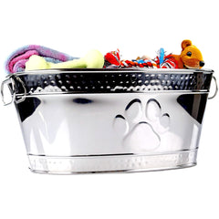 BREKX boite-jouets-chien-metal-oval-argent: rangement élégant et robuste pour jouets canins.