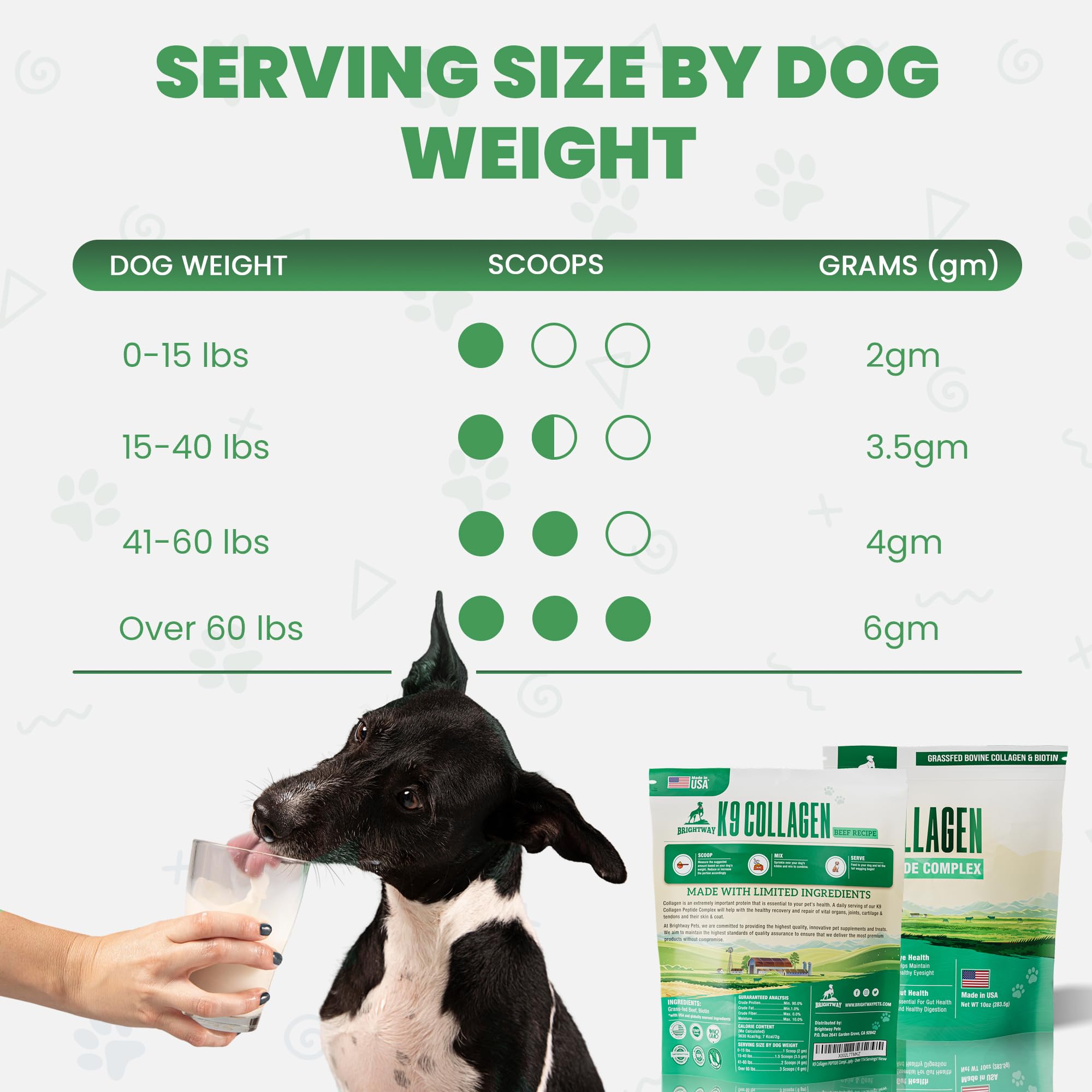 Brightway Pets K9 collagene peptide amino-acides essentiels, apport nutritionnel pour muscles et ligaments.