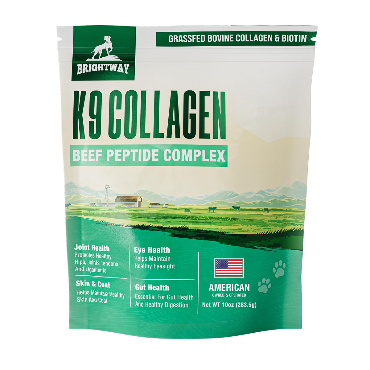 Brightway Pets K9 collagene peptide bouteille, soutien potentiel des articulations et de la peau.