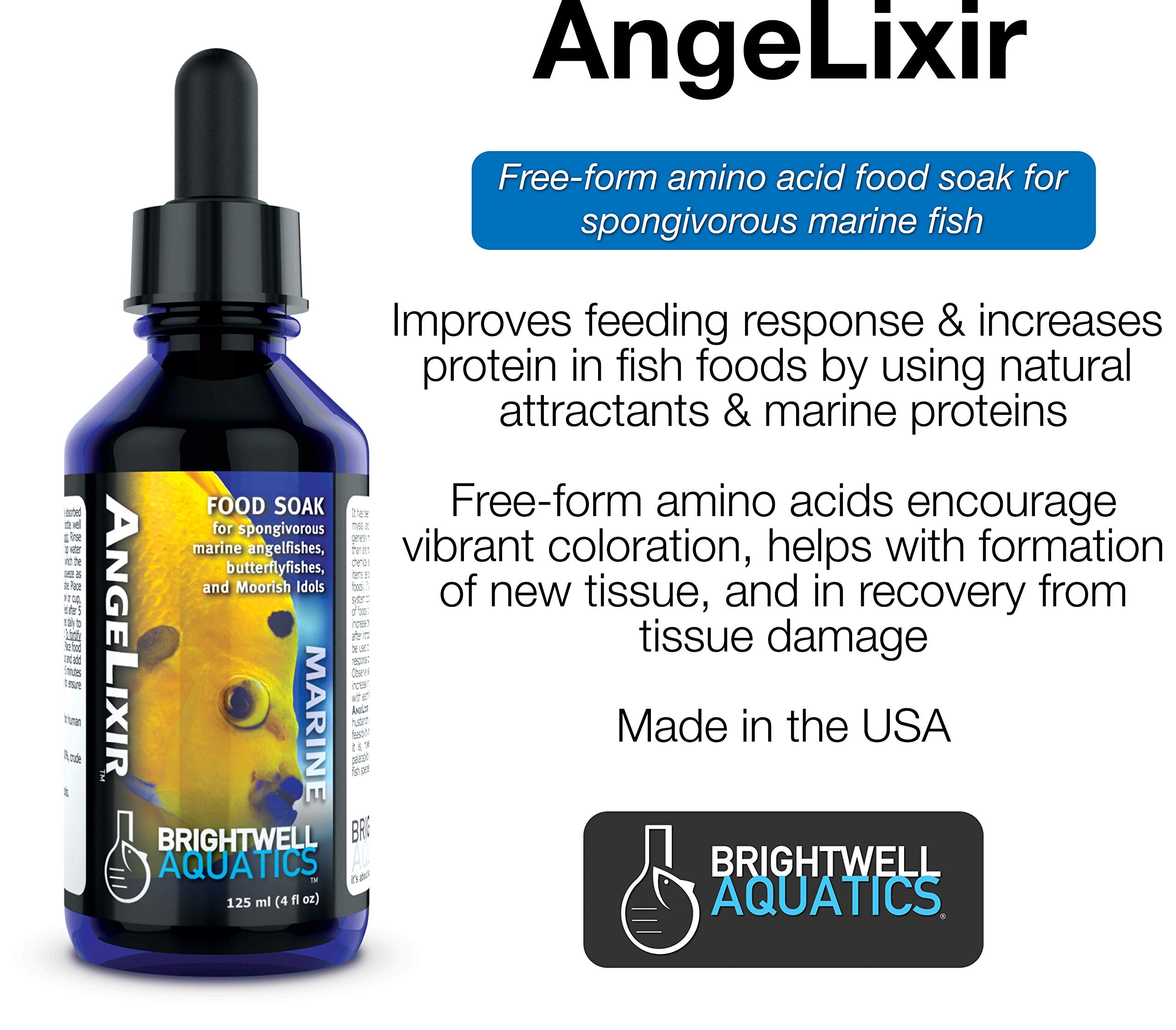 Brightwell Aquatics Angelixir – etiquette-produit visible, favorise une meilleure palatabilité des aliments.
