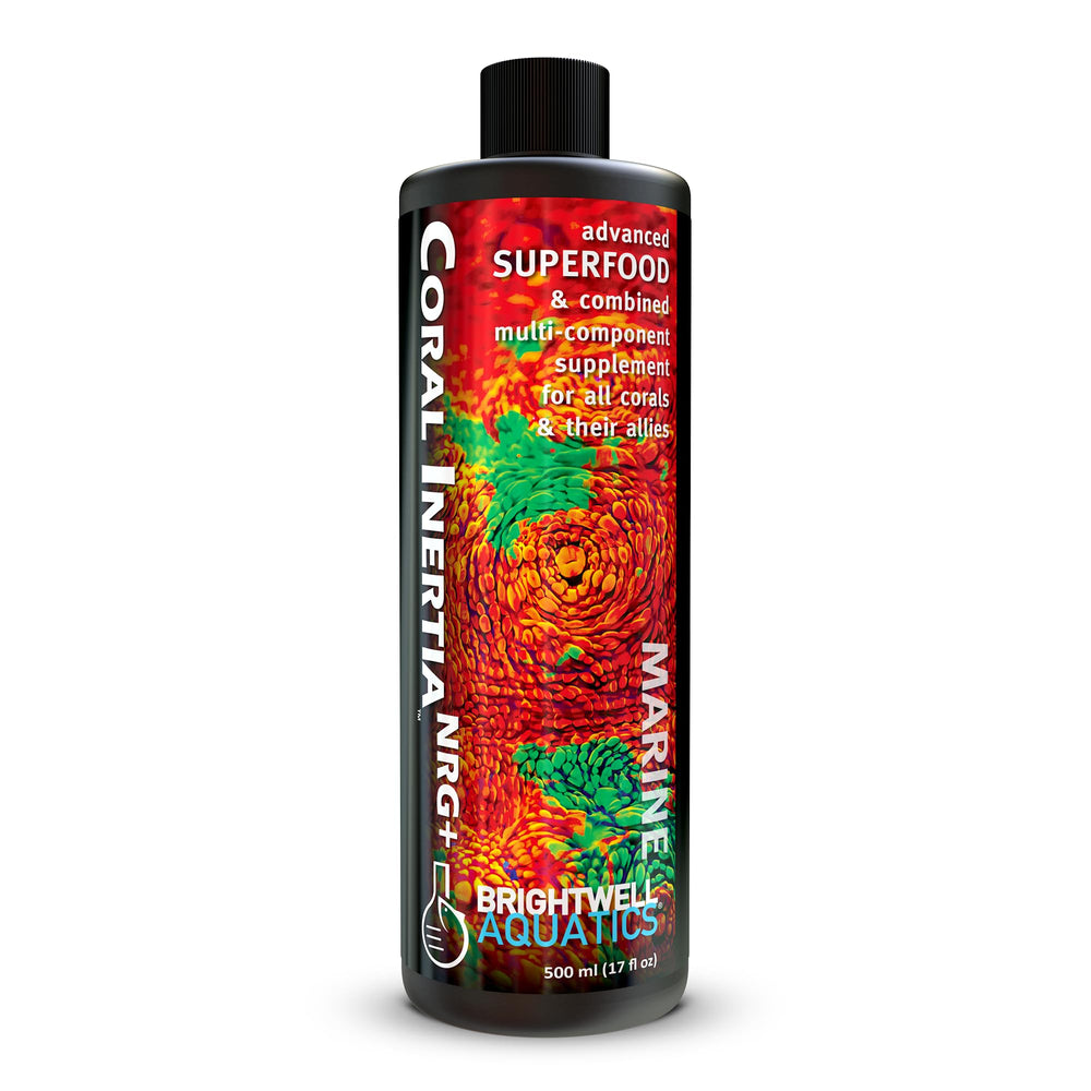 Brightwell Aquatics Coral Inertia NRG+ – bouteille montrant l'emballage et la stabilité du produit