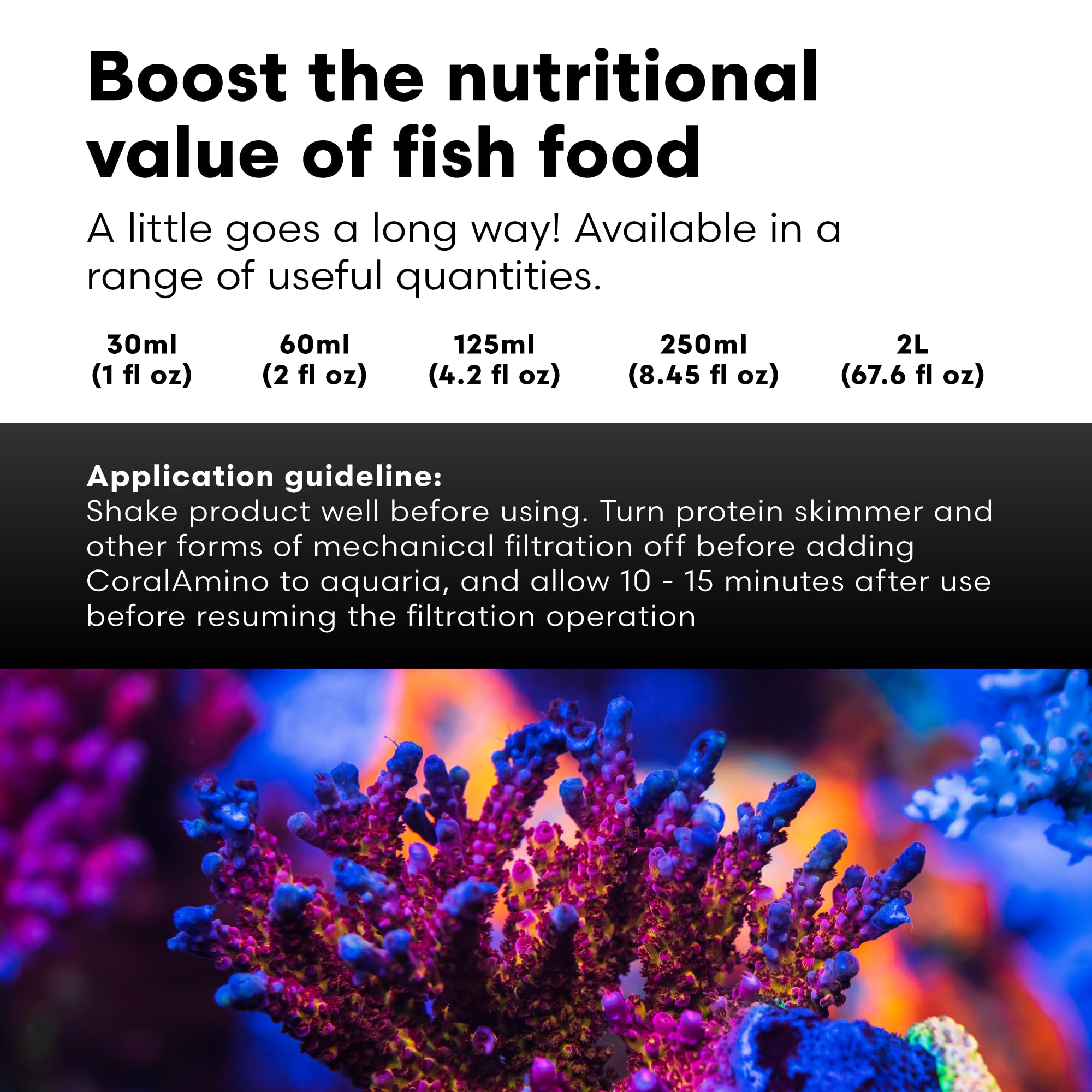 CoralAmino Brightwell Aquatics, diffusion homogène dans l'eau pour une nutrition continue.