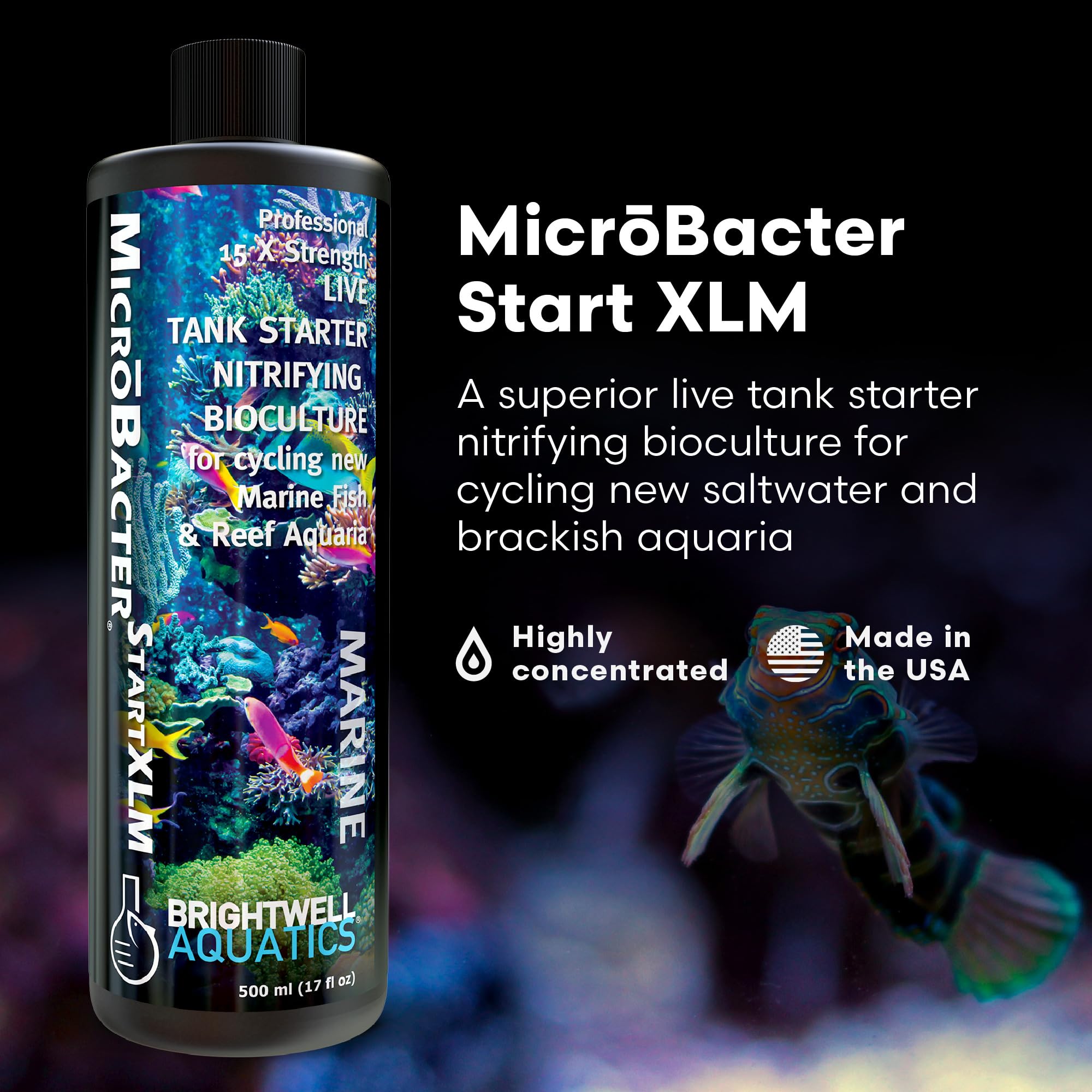 Brightwell Aquatics MicroBacter Start XLM – étiquette lisible montrant les instructions et les avantages.