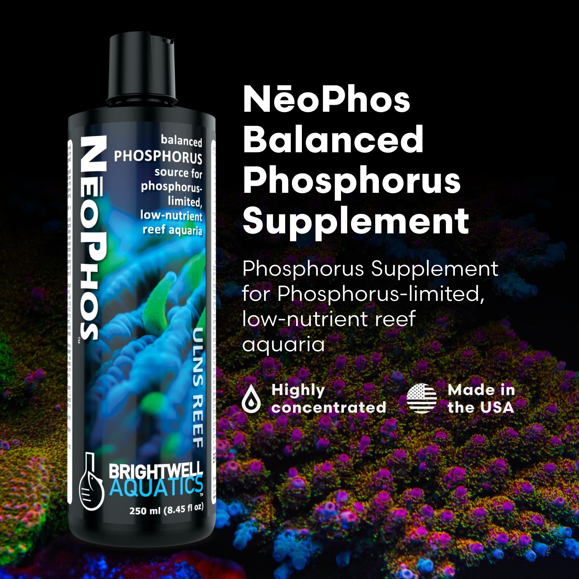 NeoPhos Brightwell Aquatics, étiquette détaillée pour l'utilisation et les concentrations.