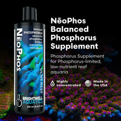 NeoPhos Brightwell Aquatics, étiquette détaillée pour l'utilisation et les concentrations.