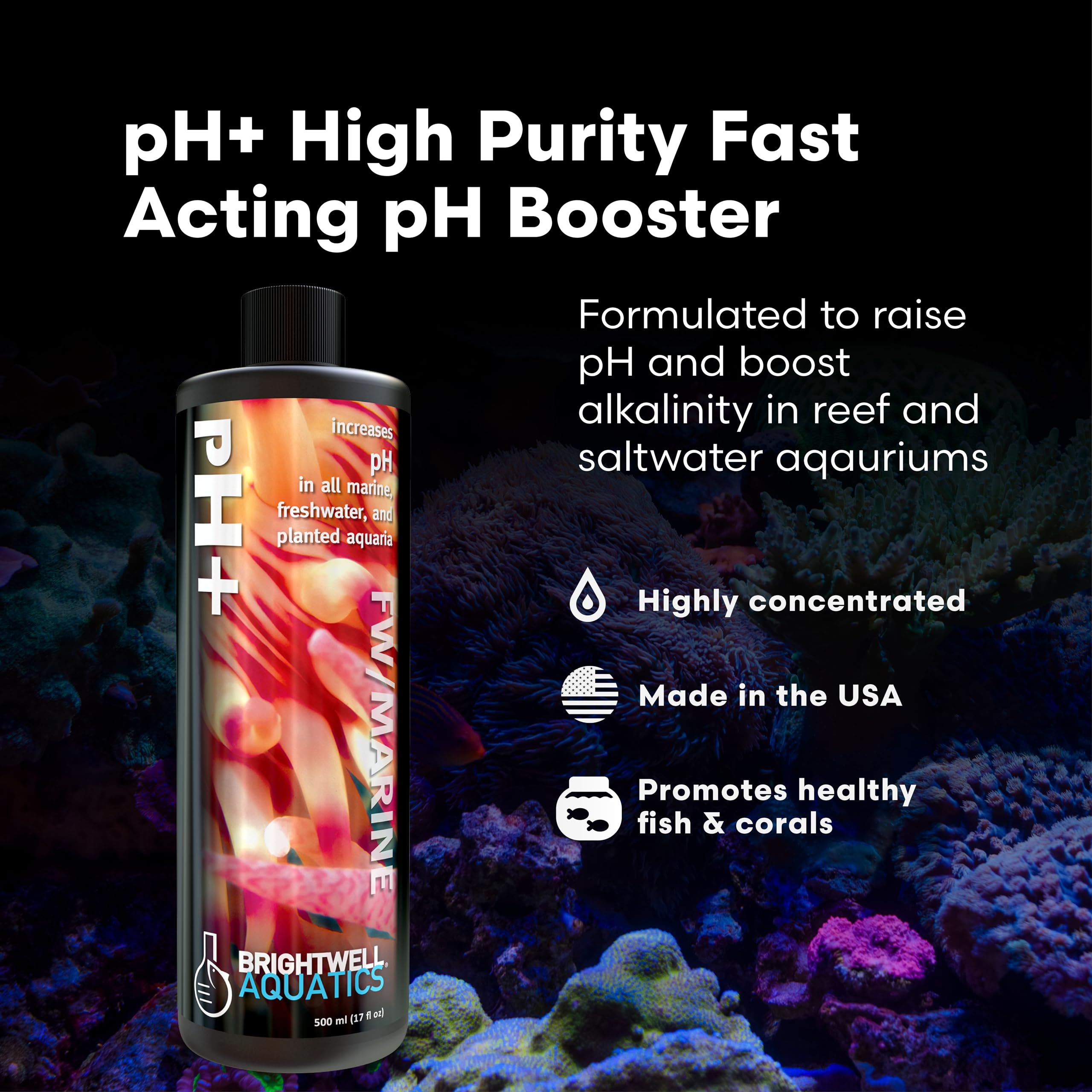 Brightwell Aquatics pH+ bouteille ouverte montre le dosage sûr pour stabiliser le KH.