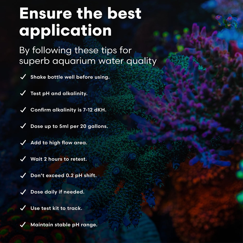 Brightwell Aquatics pH+ tableau-dosage facilite le calcul des apports pour l’équilibre carbonate.