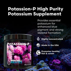 Poudre-potassium Potassion-P de Brightwell Aquatics en flacon, dosage précis pour coloration bleue des coraux.