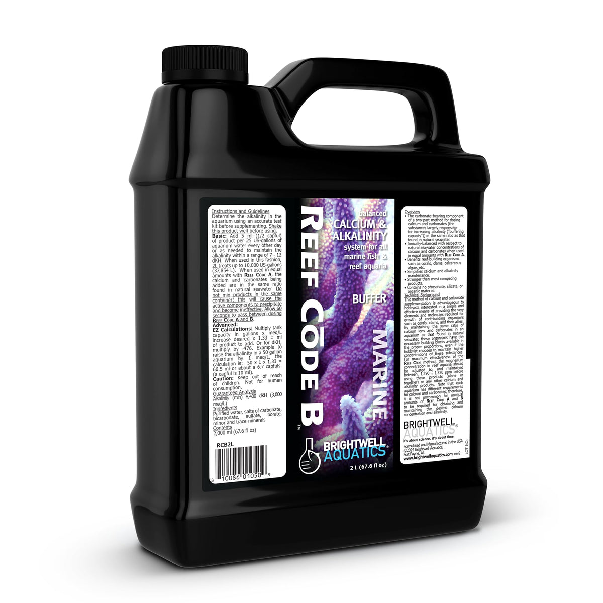 Brightwell Aquatics Reef Code B, bouteille montrée, équilibre calcium et alcalinité pour récif sain.