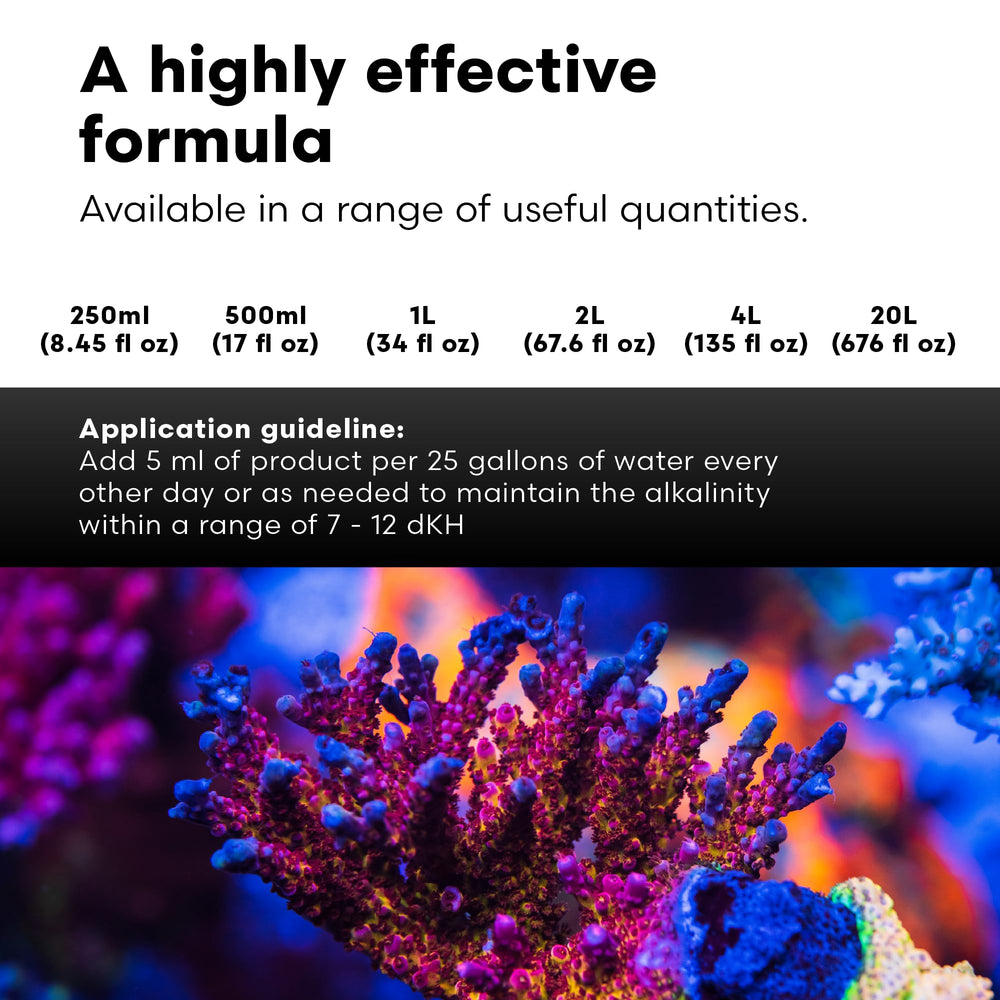 Flacon Reef Code B et mesures en dKH, dosage 5 ml par 25 gallons.