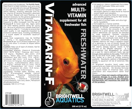Vitamarin F Brightwell Aquatics sur l'étiquette, indications claires pour l'utilisation.