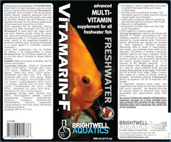 Vitamarin F Brightwell Aquatics sur l'étiquette, indications claires pour l'utilisation.