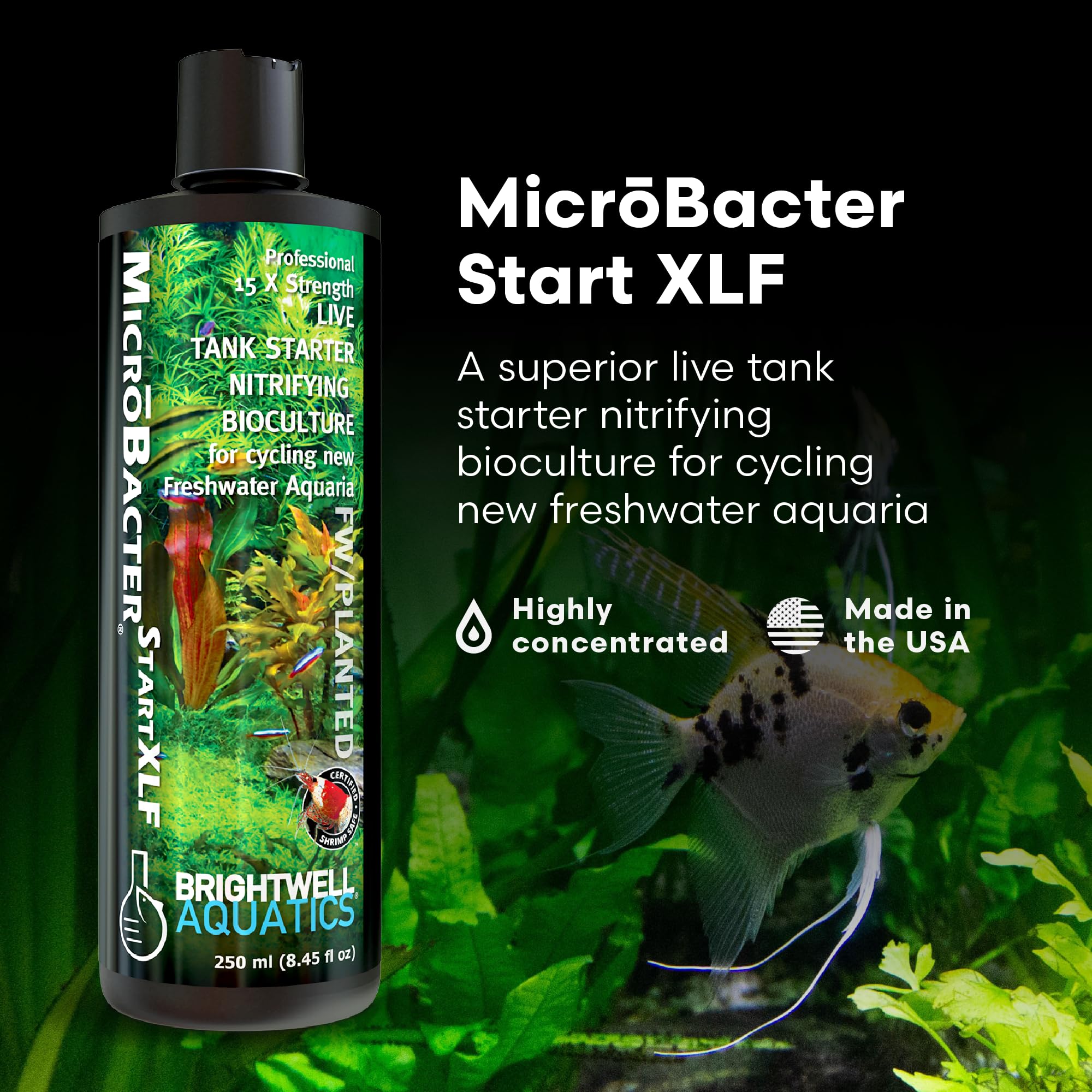 Brightwell MicroBacter Start XLF — étiquette indiquant composition et bénéfices pour l’aquarium