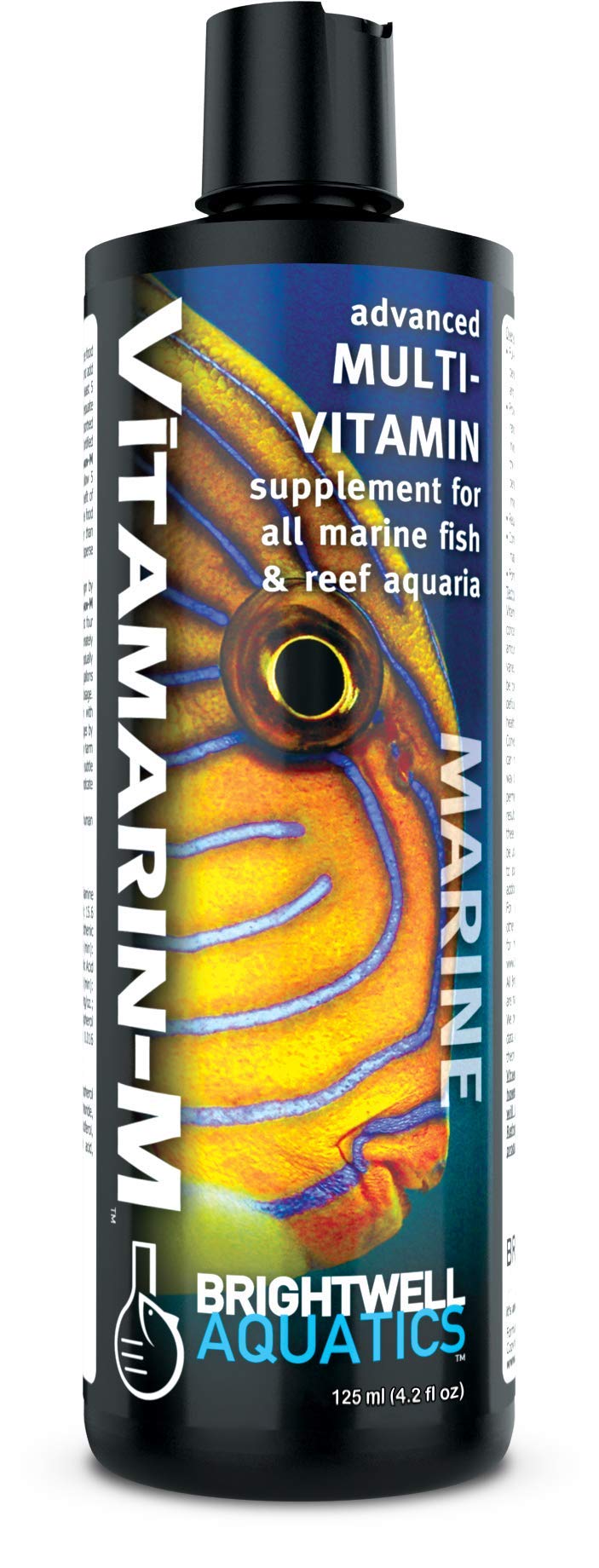 Vitamarin M Brightwell: bouteille montrant le supplément pour poissons marins et coraux.