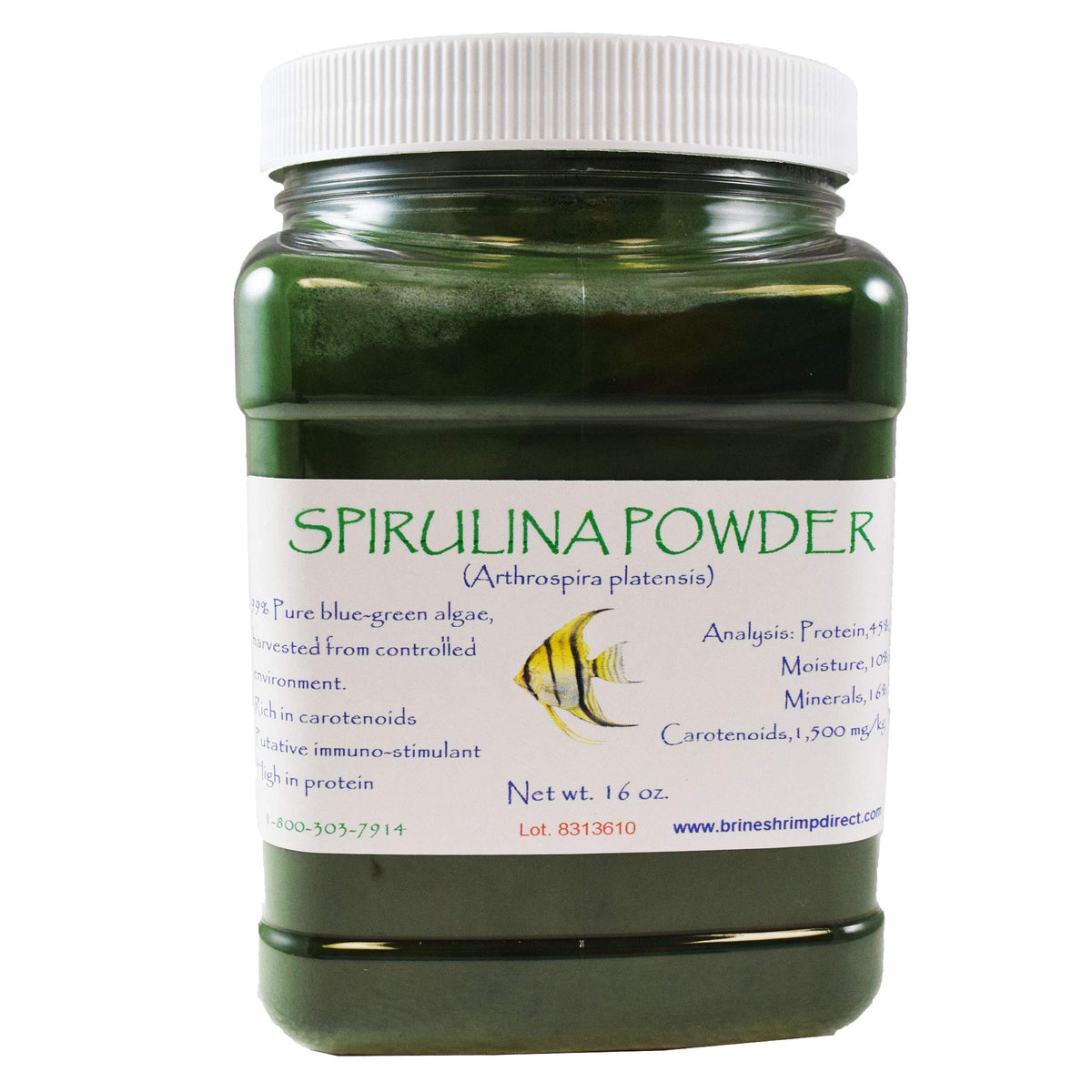 Brine Shrimp Direct poudre spiruline emballage, coloration améliorée et nutrition riche.