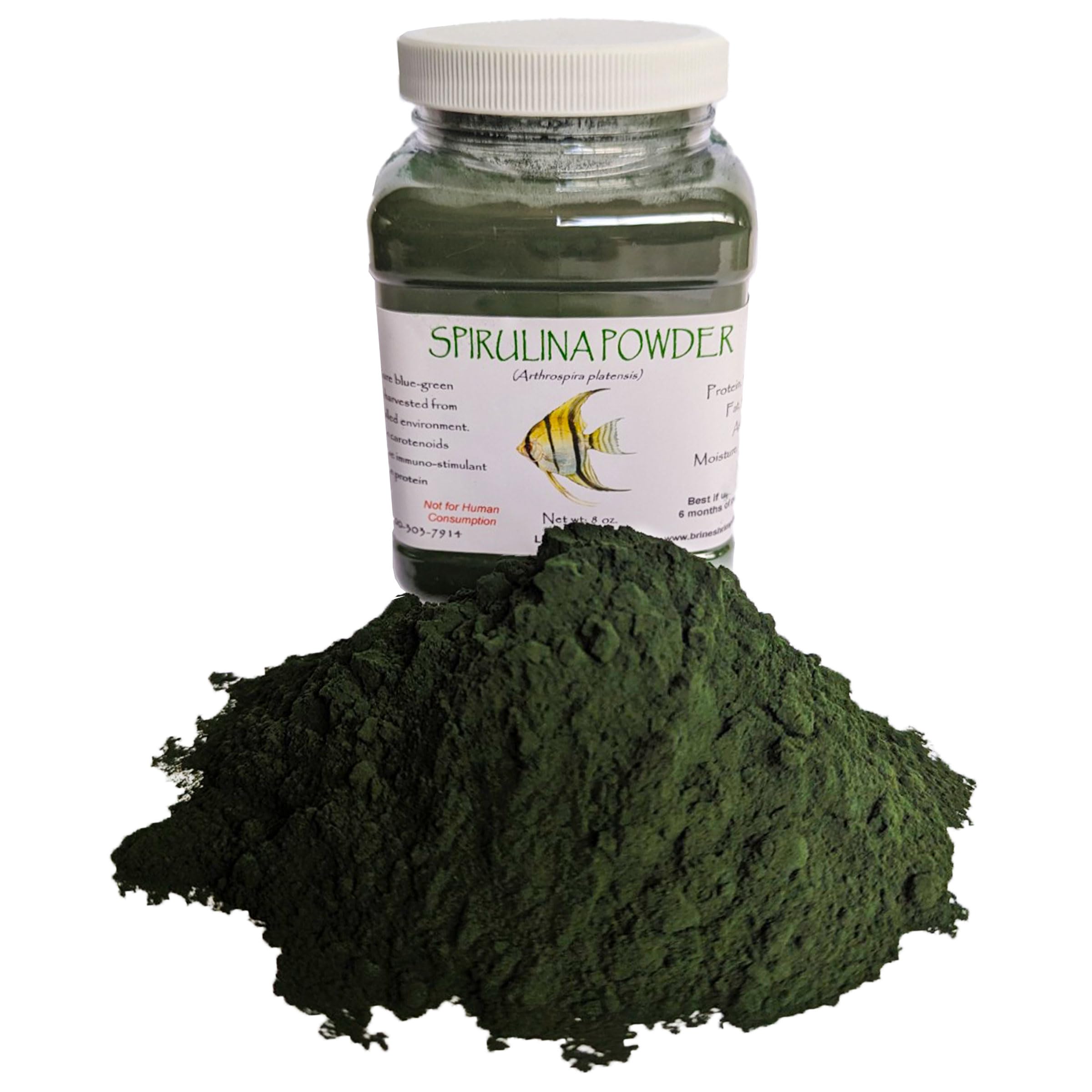 Brine Shrimp Direct Spiruline Poudre étiquette, sachet pratique pour dosage précis et contrôle.
