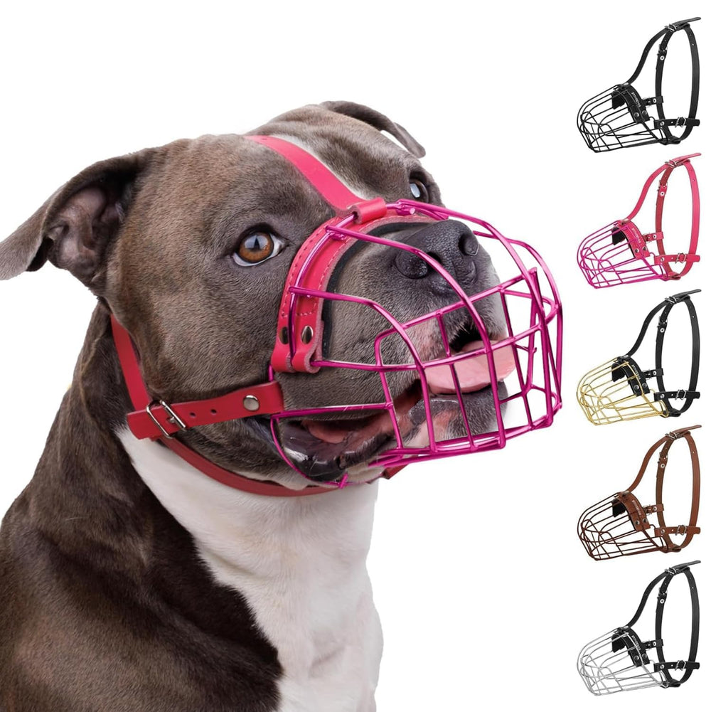 Muzzle BRONZEDOG Pitbull en métal panier rose, vue avant, respiration confortable.