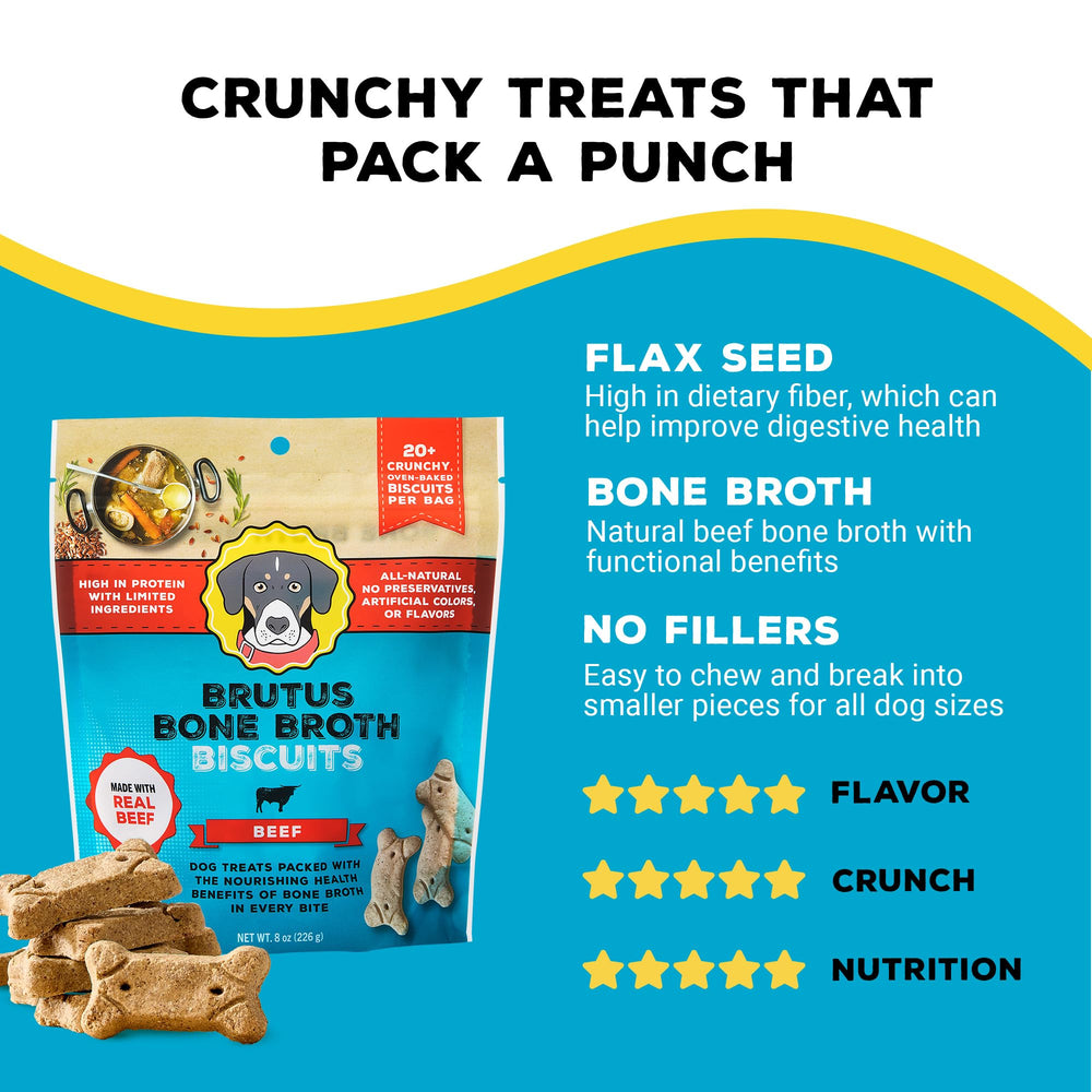 Brutus Bone Broth Biscuits - boeuf-reel, goût riche pour chiens exigeants et gourmands.
