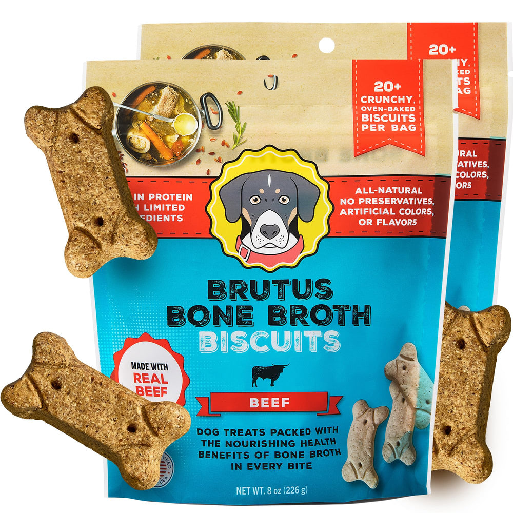 Brutus Bone Broth Biscuits montre le paquet-8oz, collation savoureuse et protéinée pour chiens.