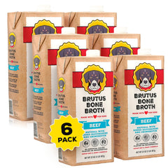 Brutus Bone Broth pour chien, bouteille et étiquette, ingrédients naturels pour ses repas.