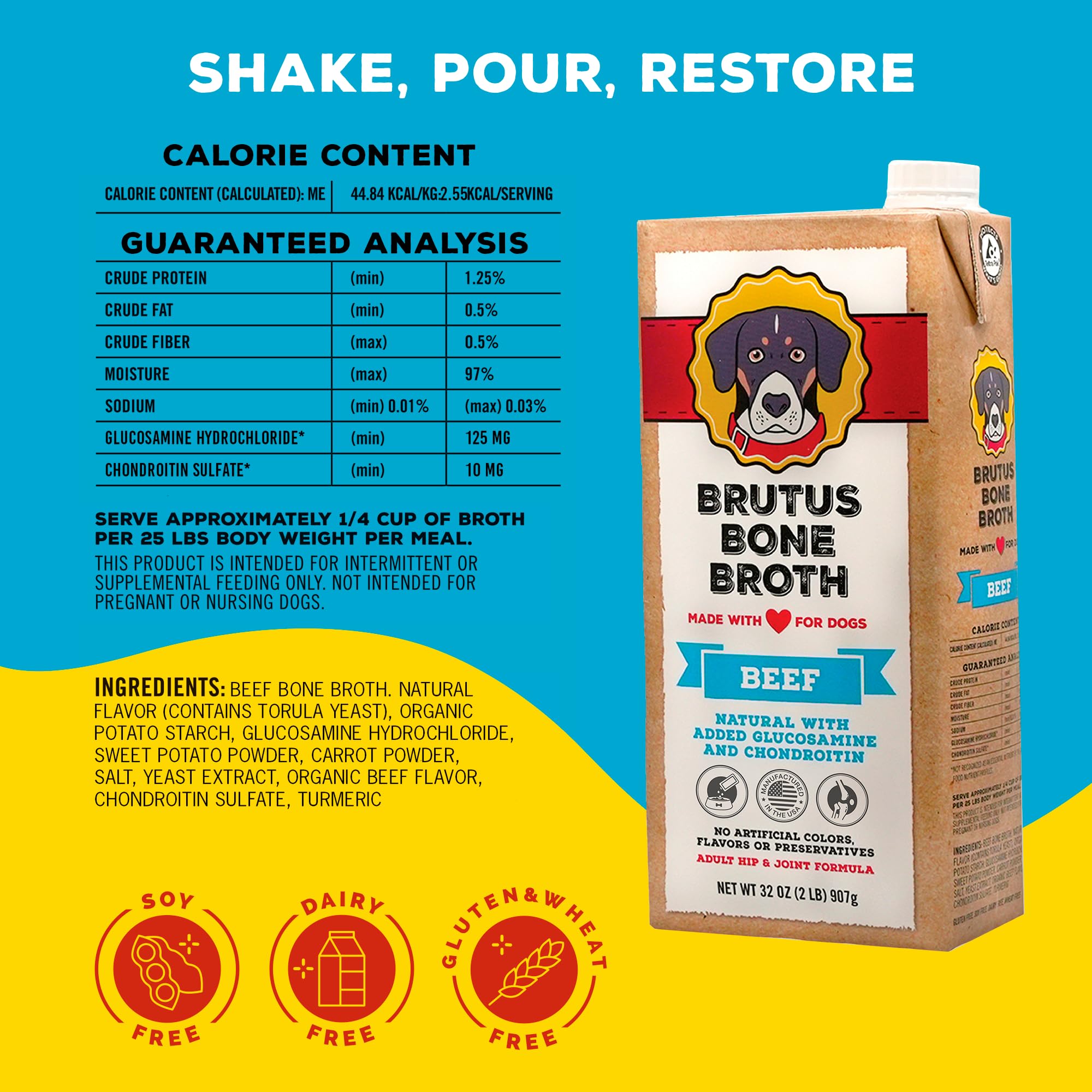 Brutus Bone Broth pour chien, versement facile sur croquettes pour hydrater.